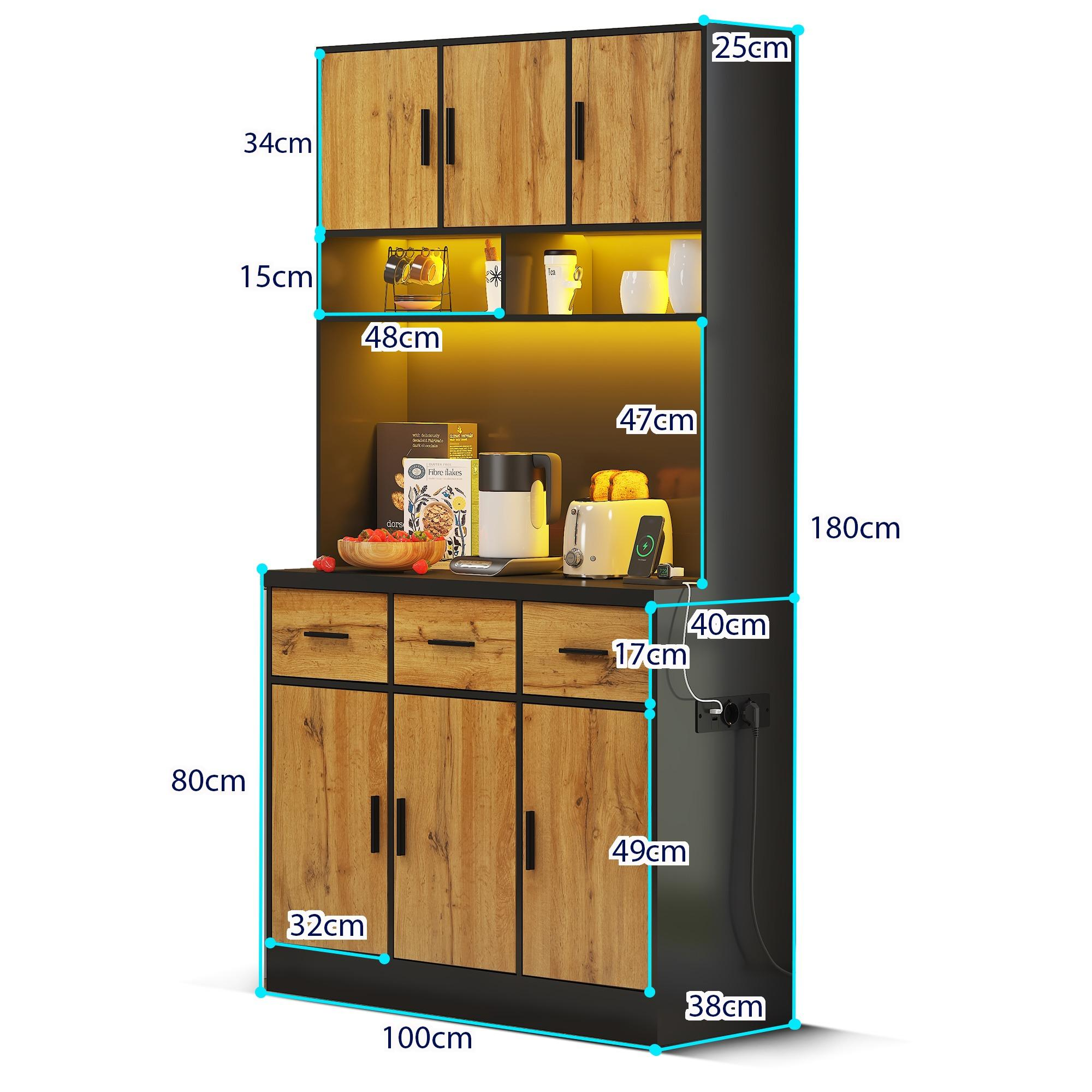 Ein Küchenschrank mit Maßen, mit einem schwarzen und Holzdesign, mit Geräten und Dekor.
