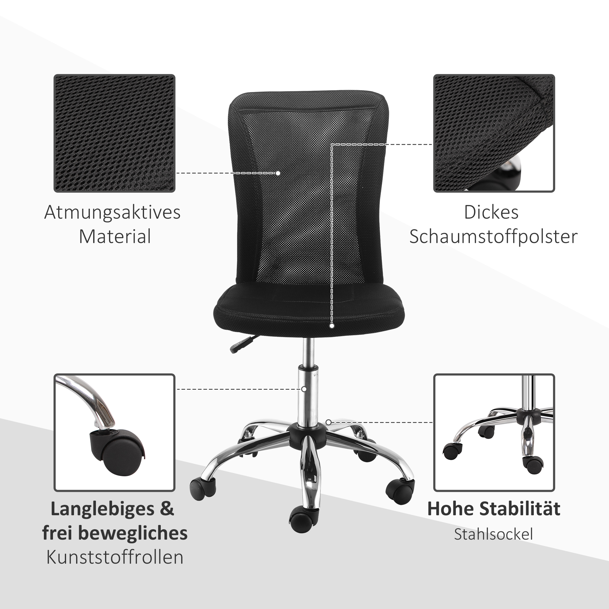 Ein schwarzer Bürostuhl aus Mesh, mit Nahaufnahmen von atmungsaktivem Material und Schaumstoffpolsterung.