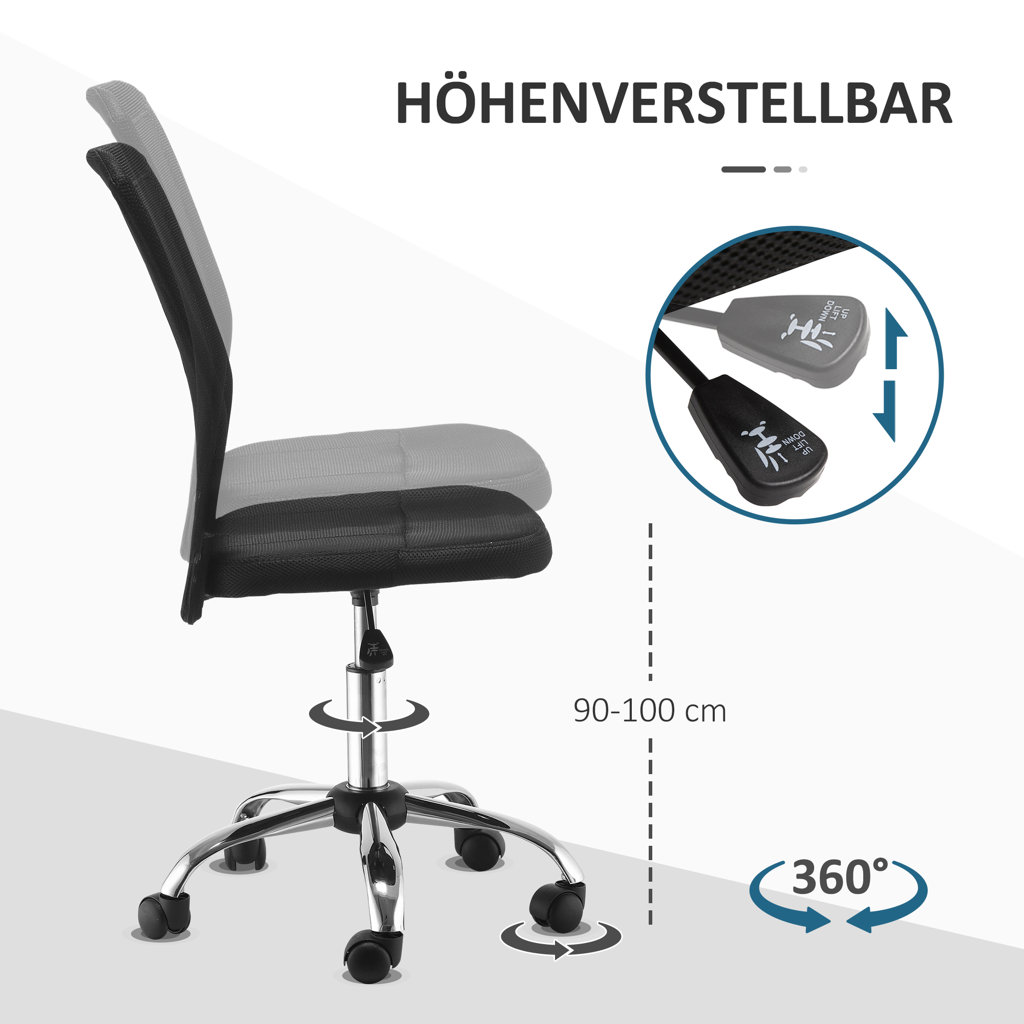 Ein schwarzer Bürostuhl aus Mesh, Seitenansicht, mit einstellbarer Höhe und 360-Grad-Drehung.