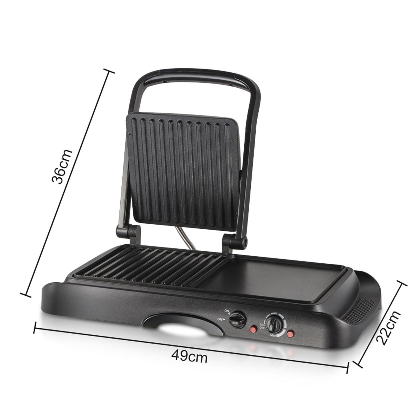 Eine schwarze Panini-Presse, offen, mit den Maßen: 36 cm Höhe, 49 cm Länge und 22 cm Breite.