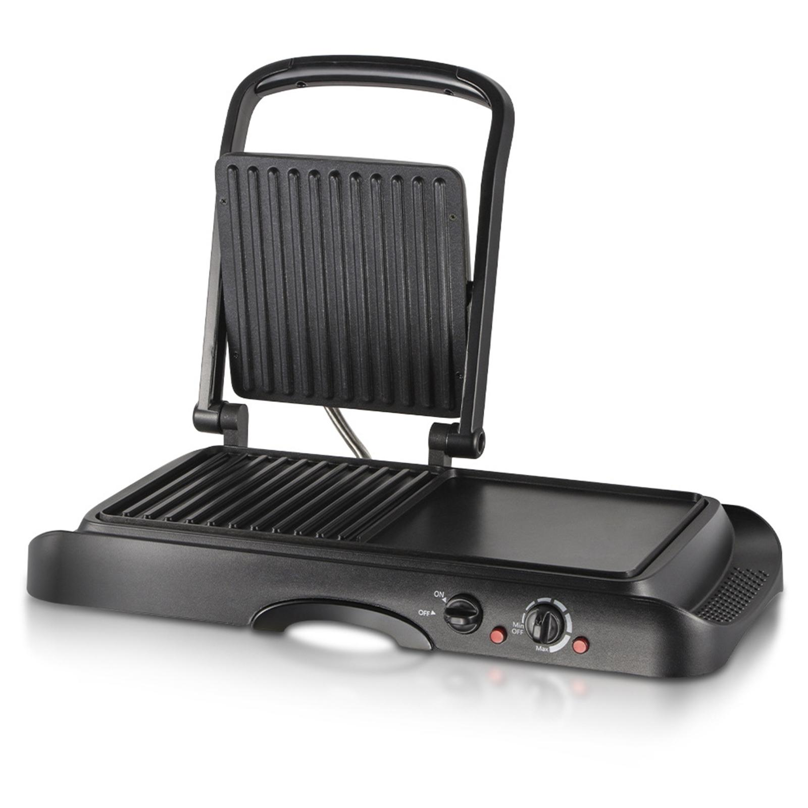 Schwarzer Elektrogrill mit offenem Deckel. Bedienelemente sind auf der Frontplatte sichtbar. Die Oberfläche ist antihaftbeschichtet.