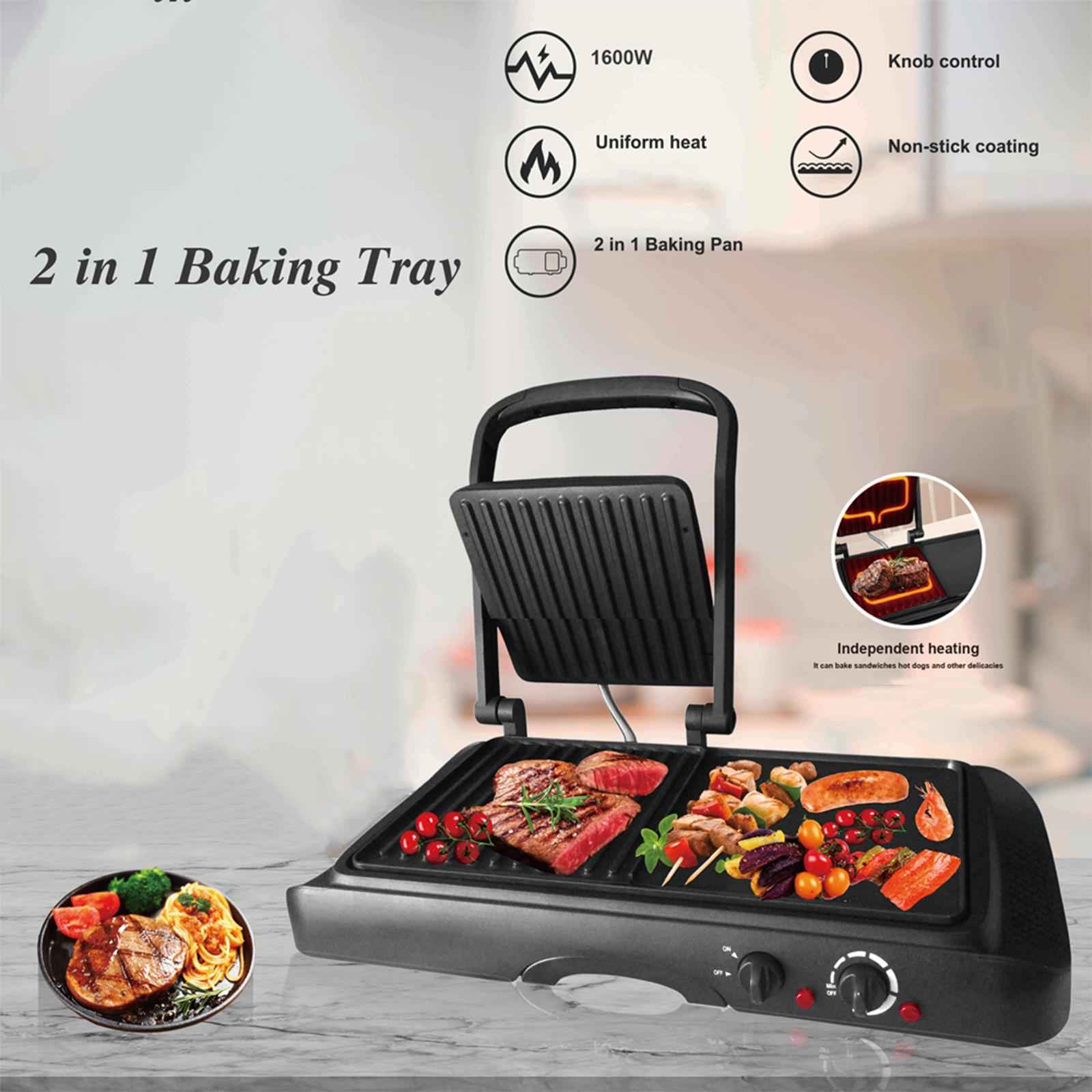 Elektrischer Grill mit offenem Deckel. Auf der Oberfläche werden Speisen wie Steak gegrillt. Bedienelemente sind sichtbar.