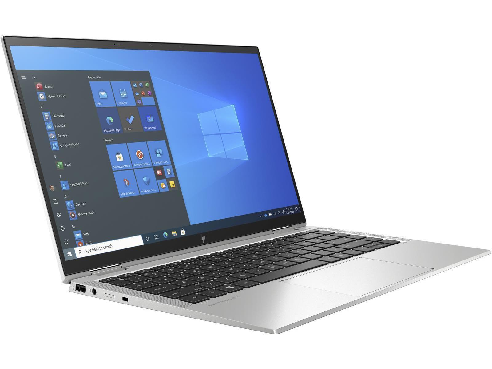 Silberner HP-Laptop mit offenem Bildschirm, der den Windows-Desktop zeigt. Schräge Ansicht.
