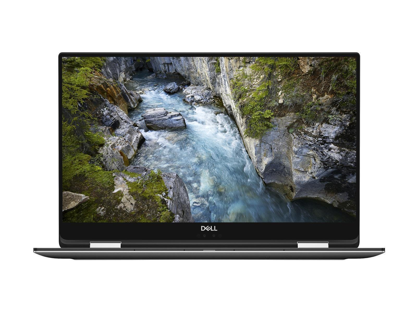 Dell Laptop, Bildschirm zeigt Fluss in Schlucht. Schwarzer Rahmen, silberne Kanten.
