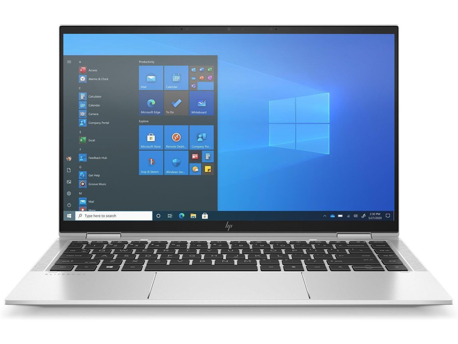 Laptop mit geöffnetem Windows-Desktop, zeigt Apps und blauen Hintergrund. Tastatur sichtbar.