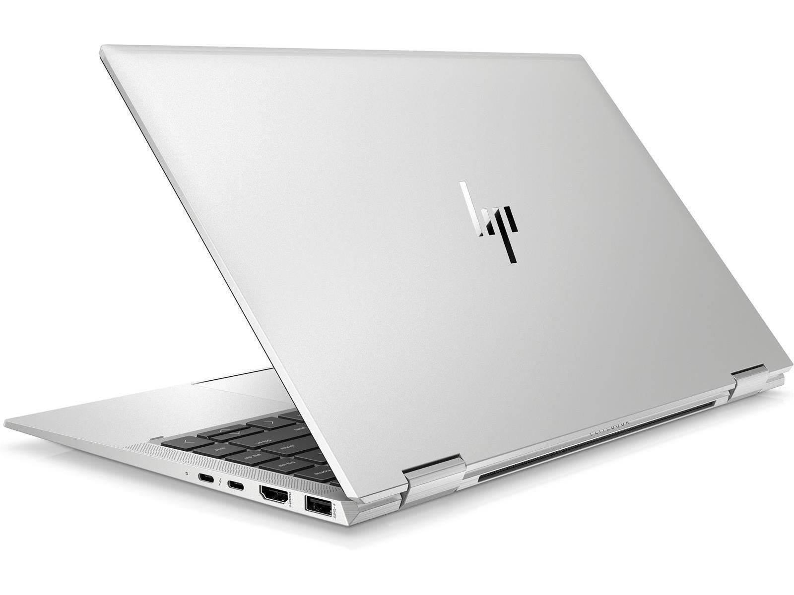 Silberner Laptop, HP-Logo auf der Rückseite, teilweise geöffnet mit Tastatur.