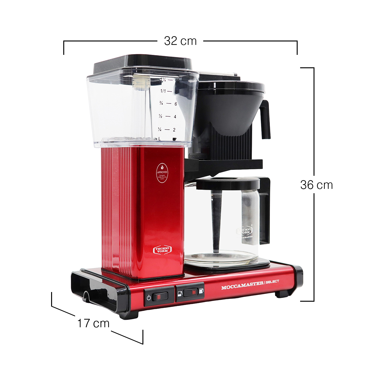 Cafetera roja y negra con medidas y dimensiones indicadas sobre fondo blanco.