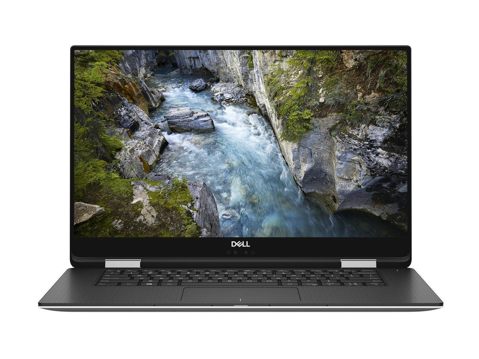 Dell Laptop, Bildschirm zeigt Fluss in Schlucht. Schwarzer Rahmen, geöffnet, auf weißer Fläche.