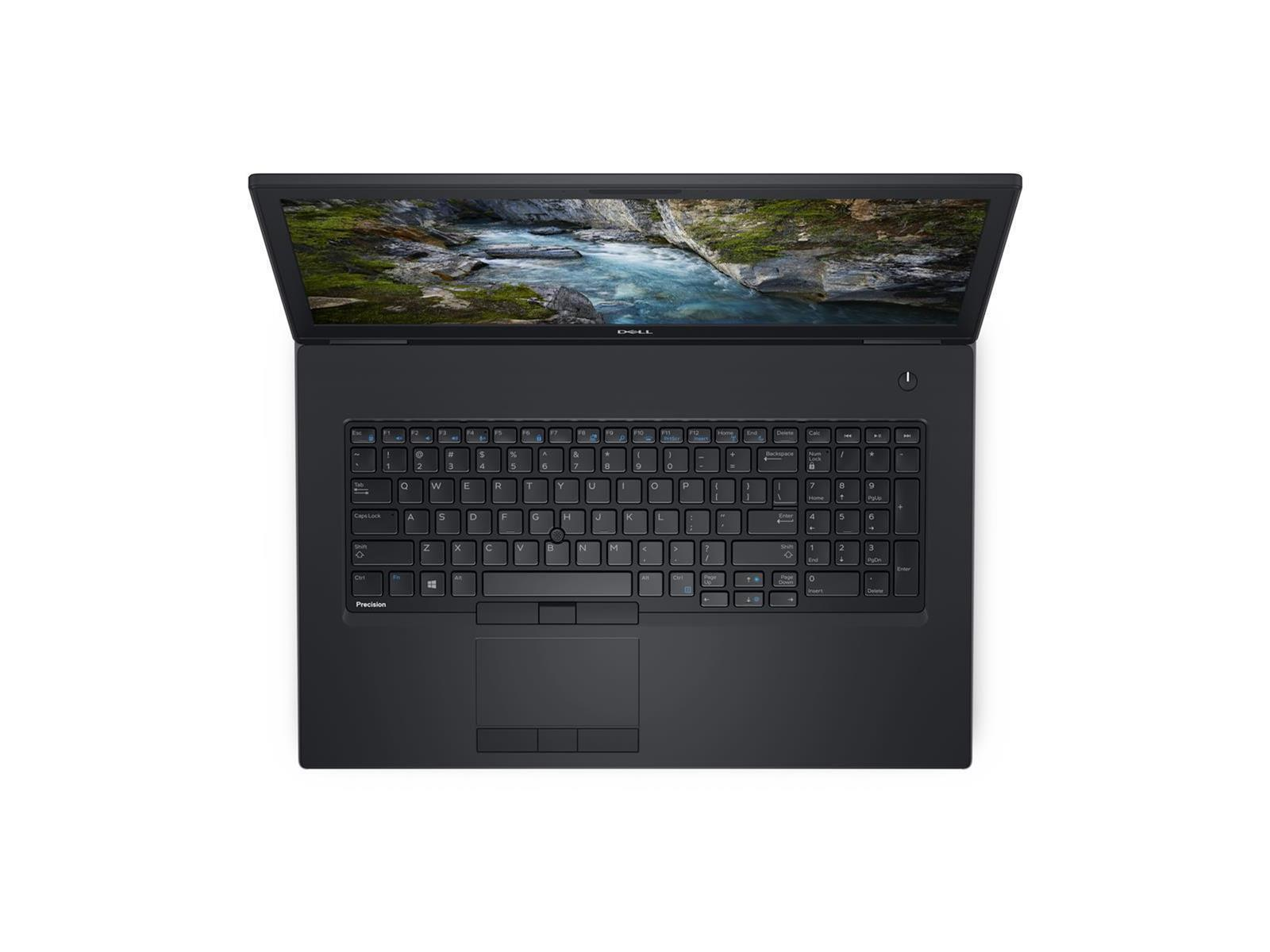 Schwarzer Dell-Laptop mit offenem Bildschirm, der Tastatur und Touchpad zeigt. Draufsicht.