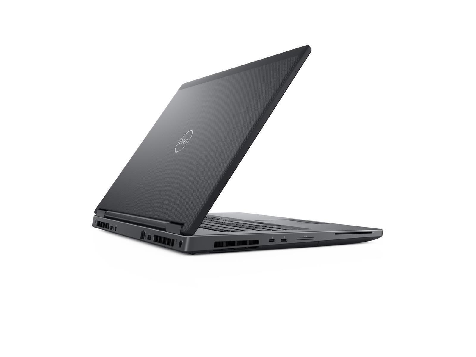 Ein schwarzer Laptop, angewinkelt, der Deckel ist offen. Das Dell-Logo ist auf dem Deckel sichtbar.