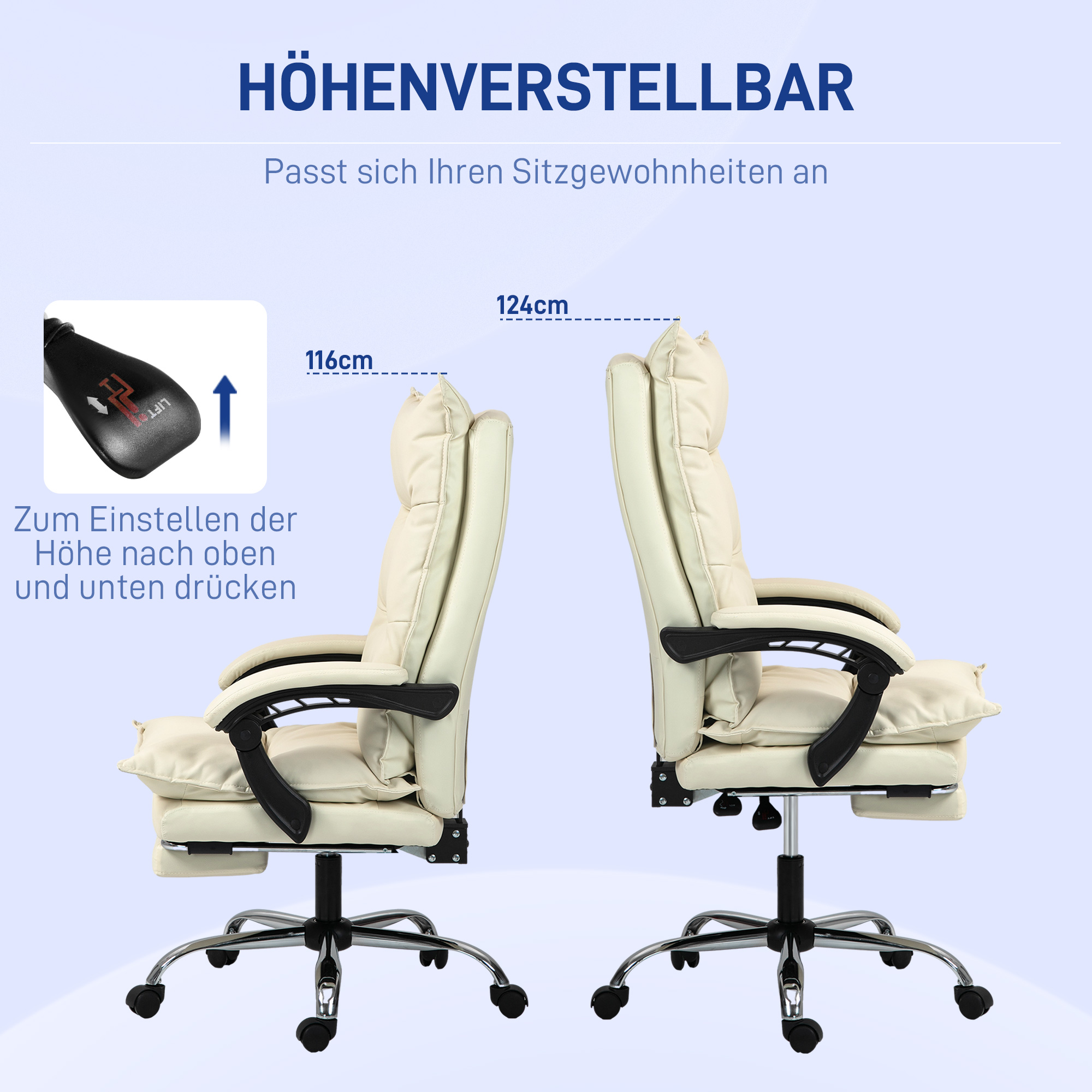 Bild zeigt die Höhenverstellung des Bürostuhls, von 116cm bis 124cm. Stuhl wird gezeigt.