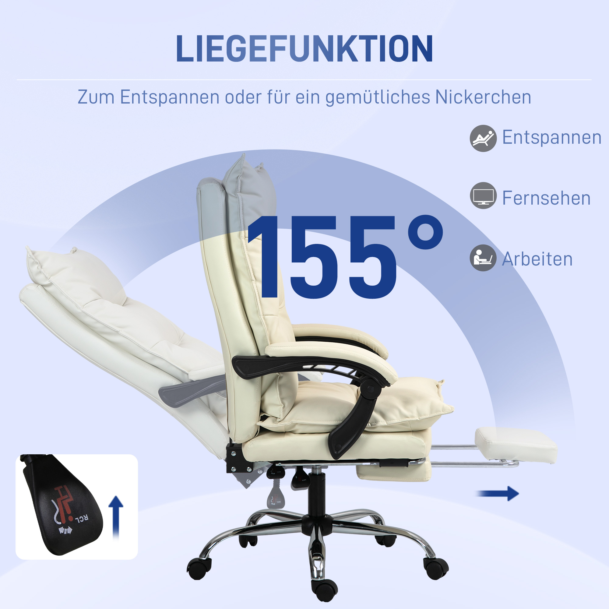 Diagramm eines verstellbaren Liegestuhls mit Fußstütze, das den Neigungswinkel und die Positionen zeigt.