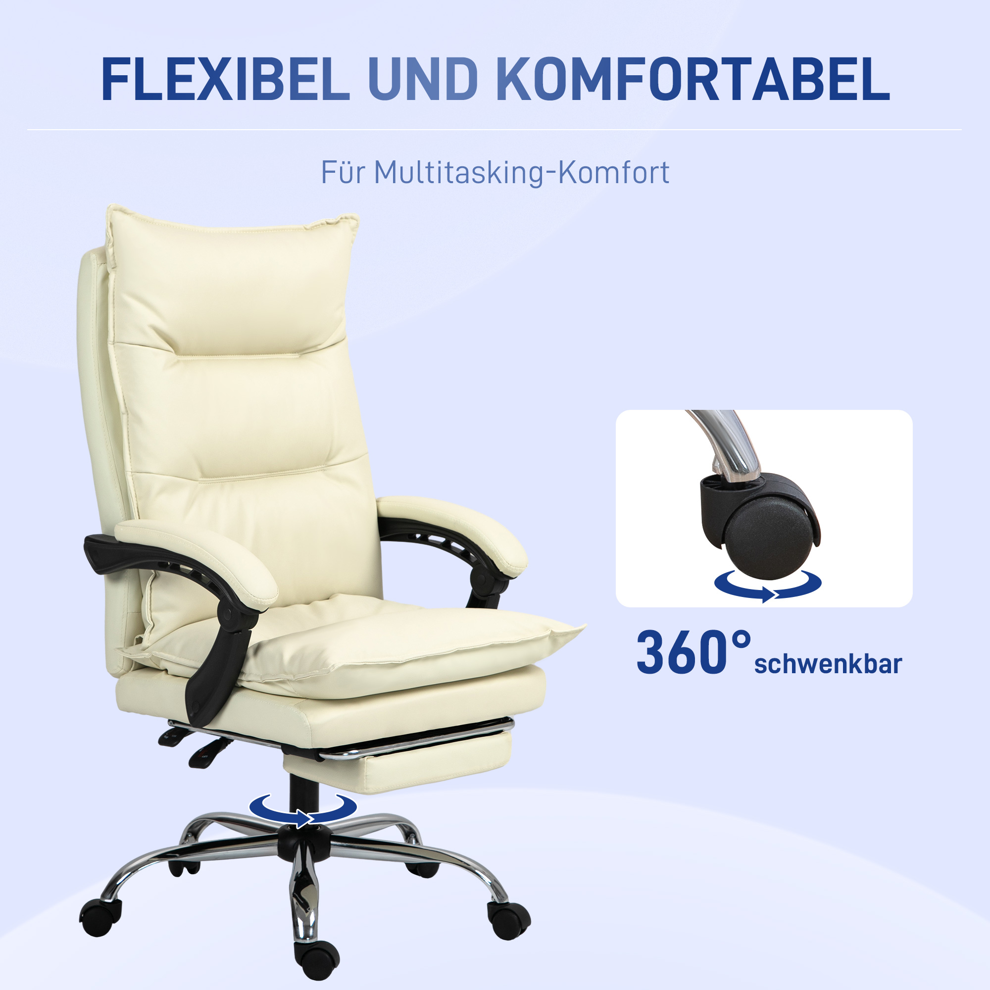 Bild zeigt die 360° Drehbarkeit und Flexibilität des Bürostuhls. Stuhl ist cremefarben.