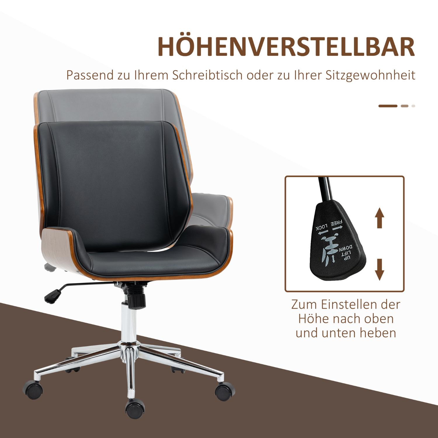 Illustration eines schwarzen Bürostuhls mit Holzakzenten, Hervorhebung der Höhenverstellbarkeit.