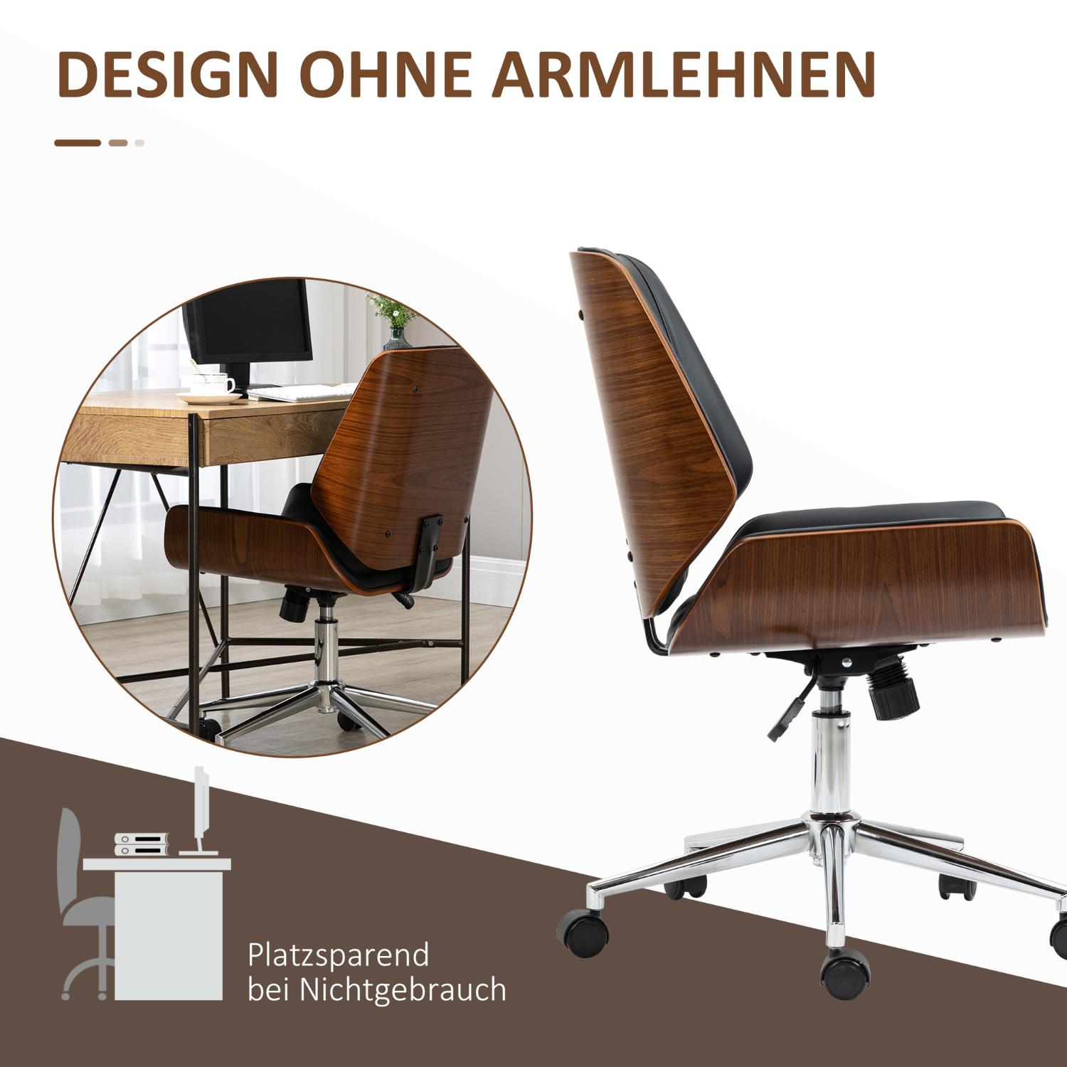 Ein Bürostuhl aus Holz, mit schwarzem Sitz und Rückenlehne, Chromfuß und Rollen. Ein kleinerer Stuhl im Einsatz.