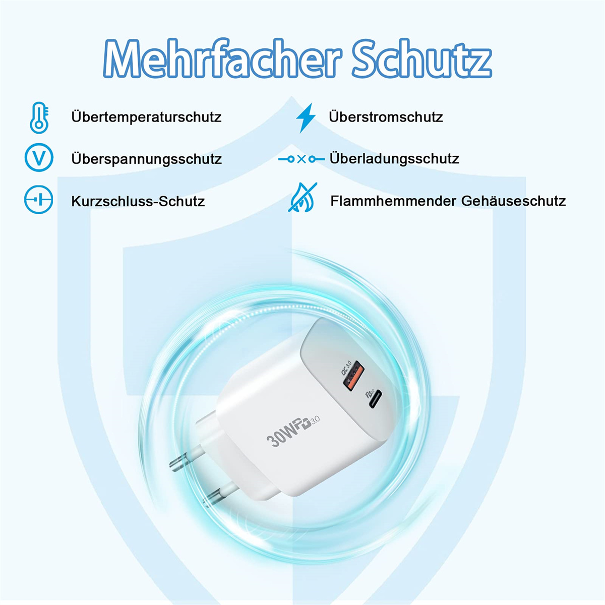 Ein weißes Ladegerät mit 30W-Aufkleber. Symbole zeigen Übertemperatur-, Überspannungs- usw. Schutz.