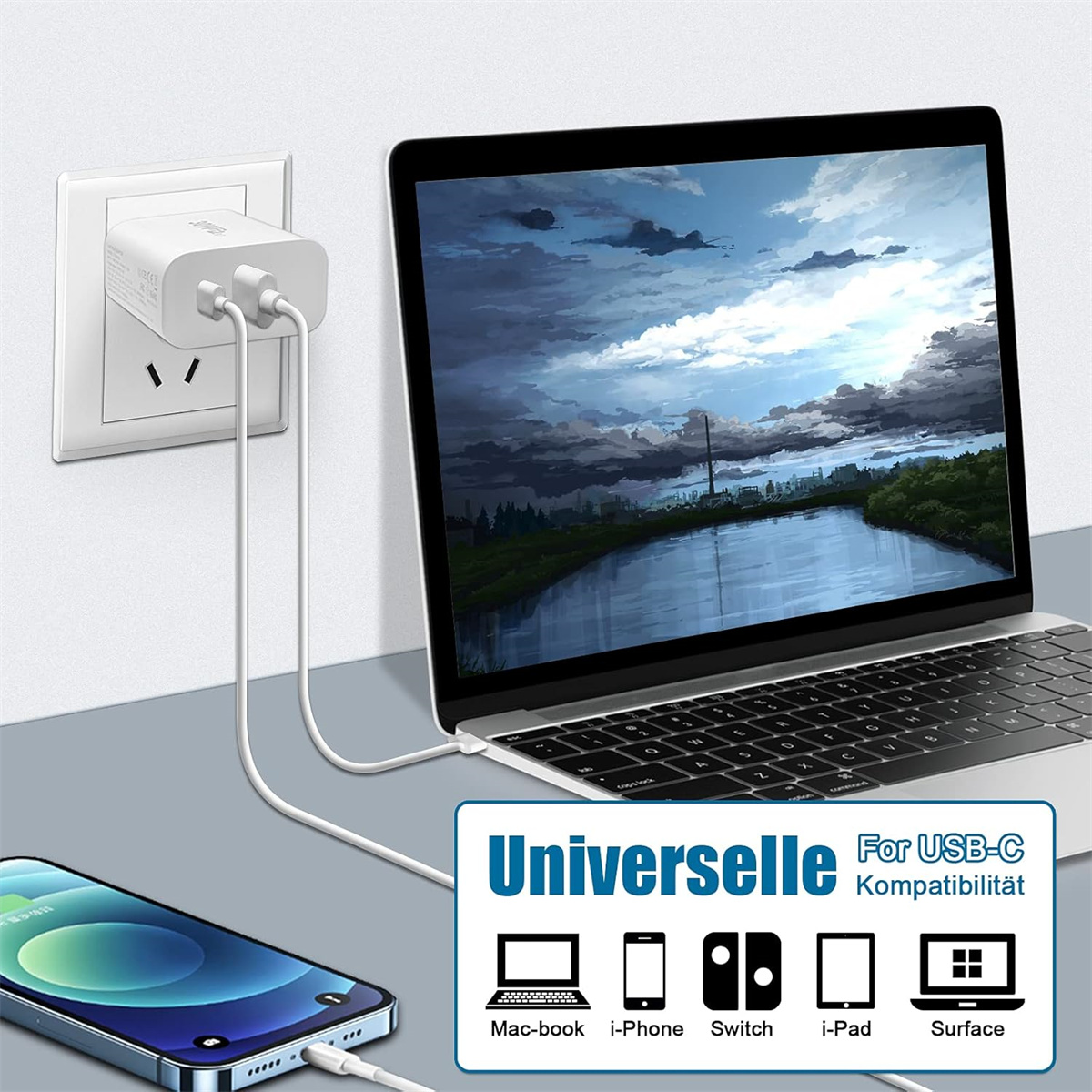 Ein Ladegerät, das an Laptop und Telefon angeschlossen ist, mit Symbolen, die die Kompatibilität zeigen.