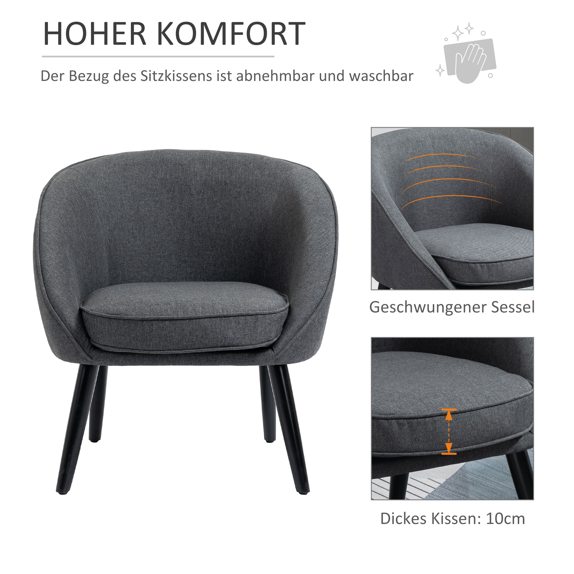 Ein grauer Sessel mit schwarzen Beinen und dickem Kissen wird mit Nahaufnahmen und Text auf Deutsch gezeigt.
