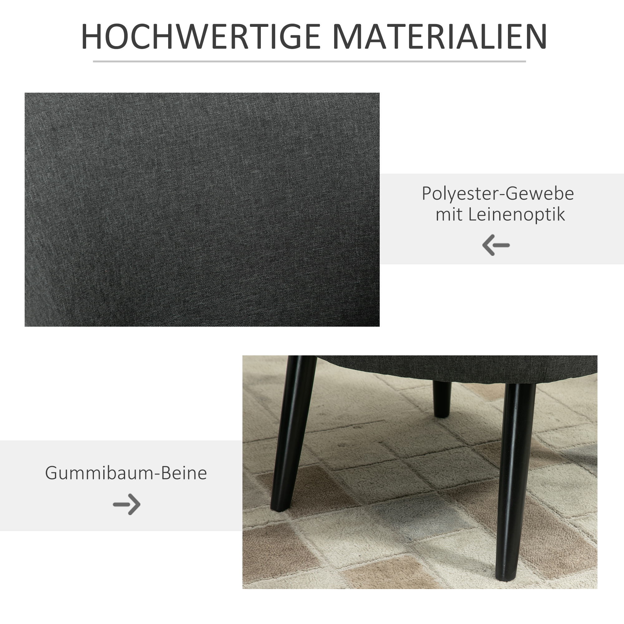 Nahaufnahme eines grauen Stoffes mit Textur und Detail. Details der Stuhlbeine werden mit der Überschrift gezeigt.