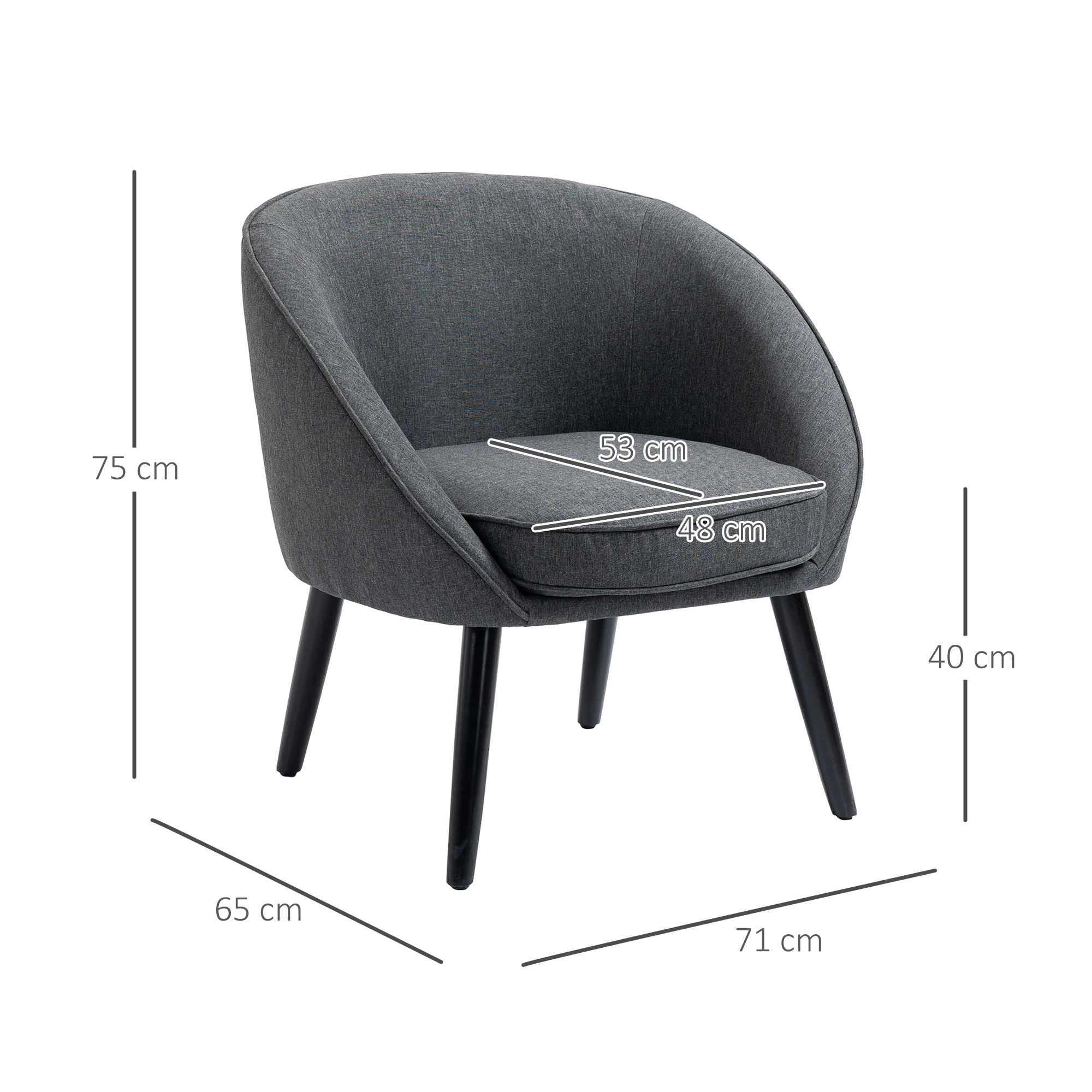Ein grauer Stoff-Sessel mit schwarzen Beinen. Abmessungen werden angezeigt: 75 cm Höhe, 65 cm Breite, 71 cm Tiefe.