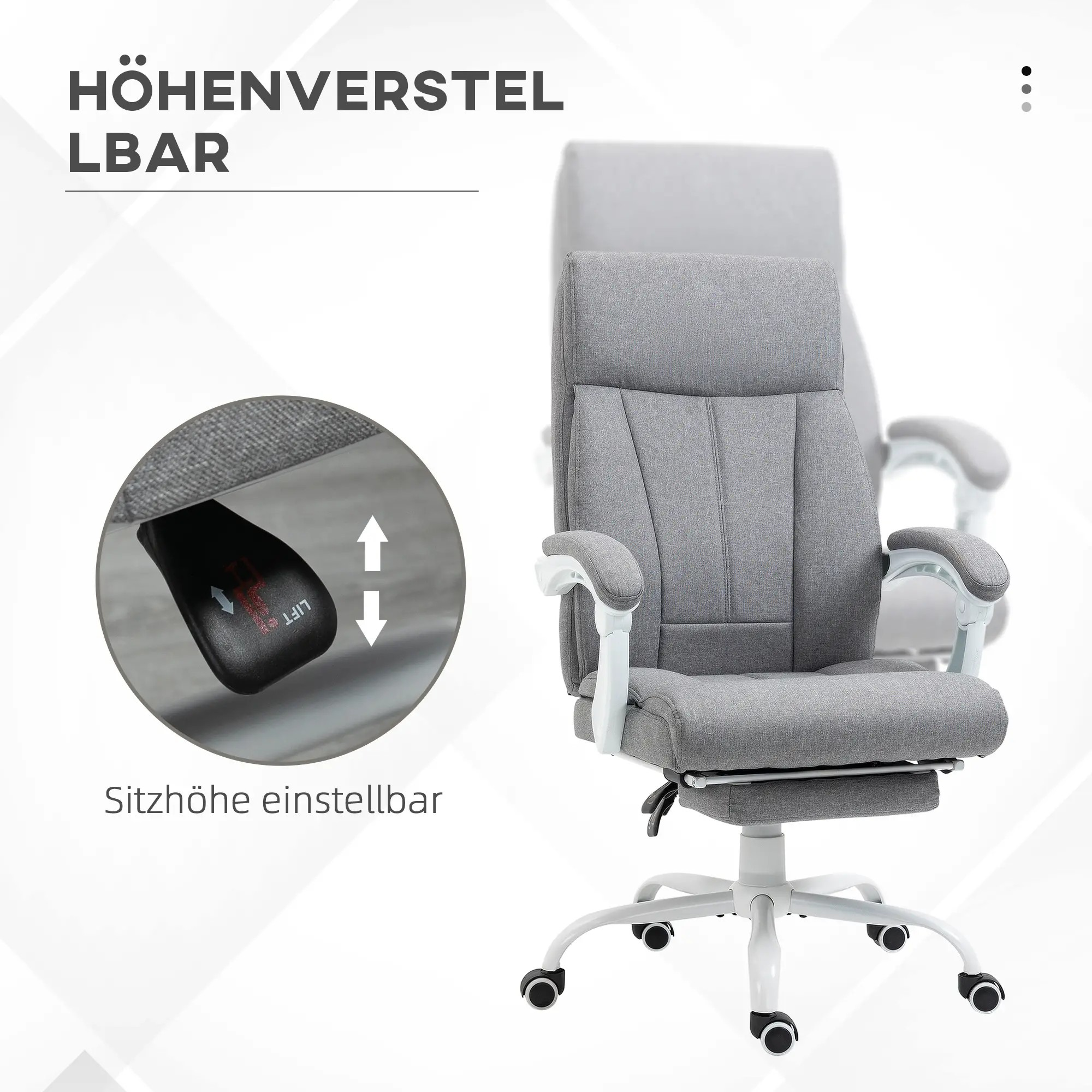 Ein Bürostuhl mit Höhenverstellung wird gezeigt. Text und Diagramme erklären die Höhenverstellung auf Deutsch.