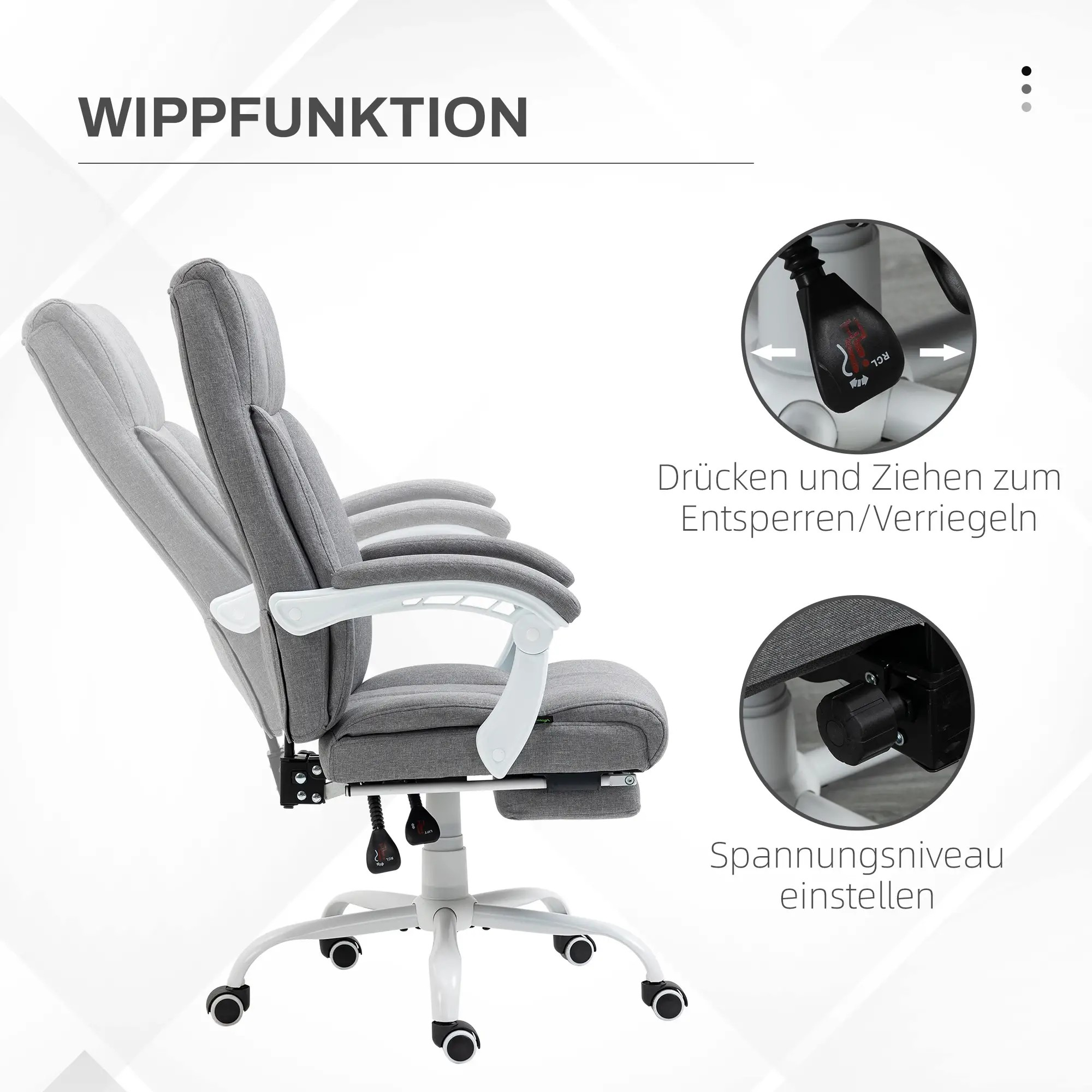 Ein Bürostuhl ist geneigt und zeigt die Neigefunktion. Diagramme und Text erklären den Mechanismus auf Deutsch.