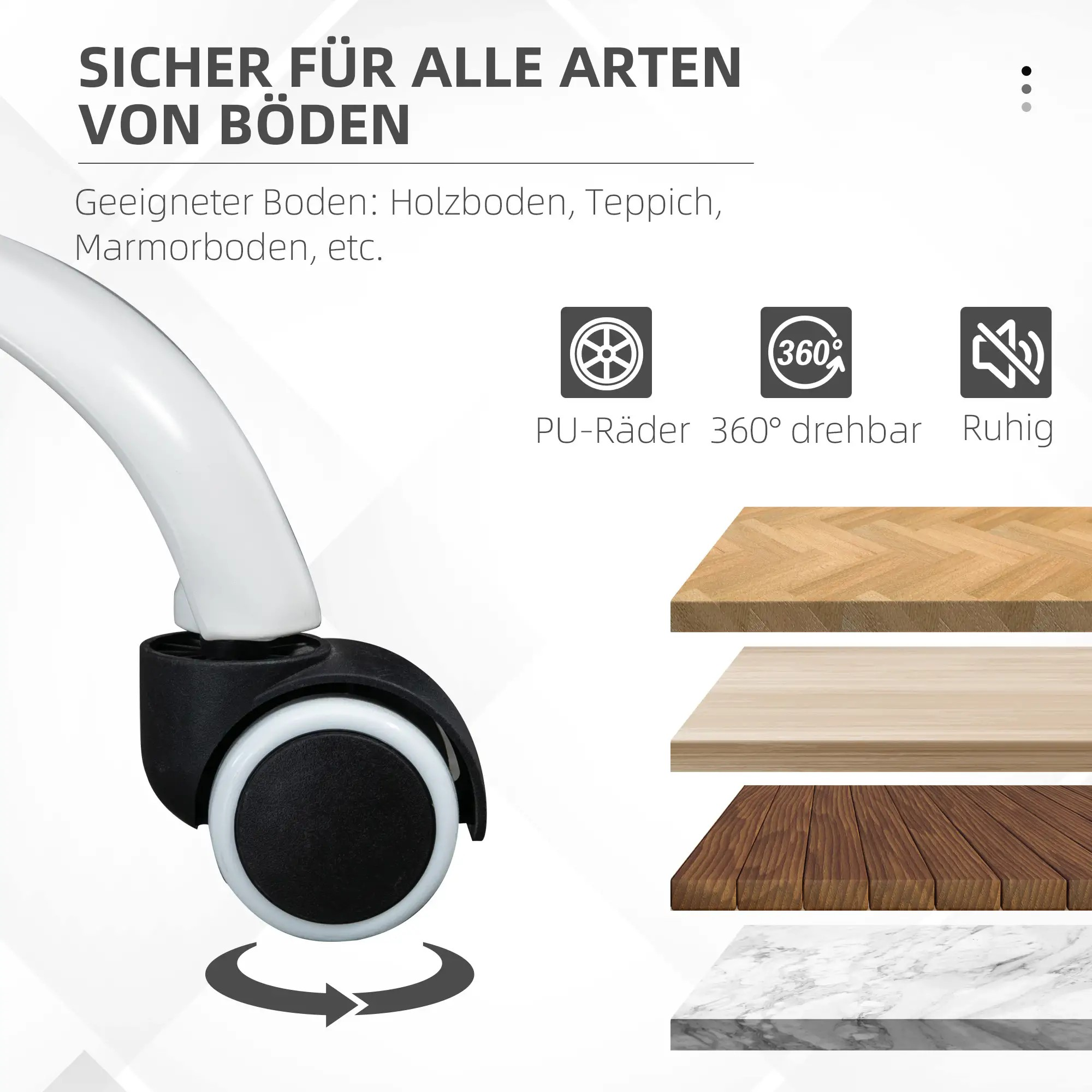 Nahaufnahme eines Stuhlrads mit deutschem Text über seine Eigenschaften, einschließlich PU-Rädern und 360-Grad-Drehung.