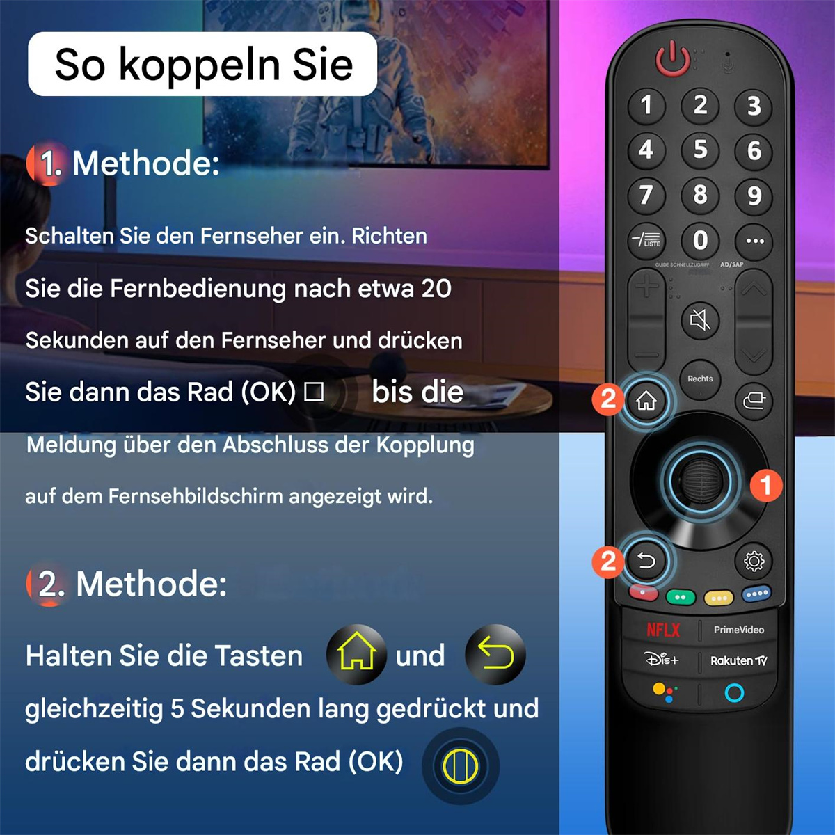 Anweisungen zum Koppeln einer Fernbedienung mit einem Fernseher. Die Fernbedienung und der Fernseher werden mit nummerierten Schritten angezeigt.