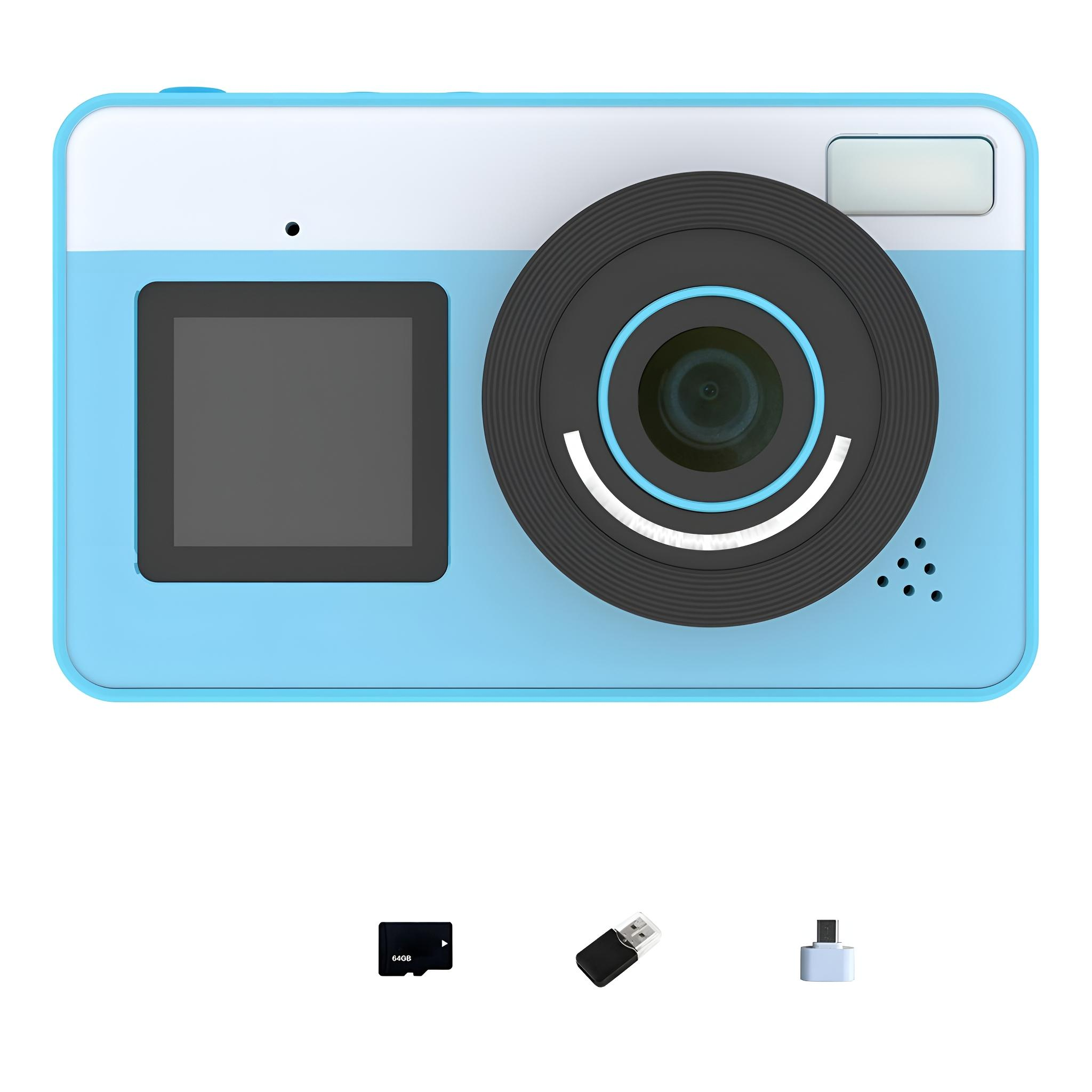 Eine blaue Kamera mit Objektiv, Bildschirm und Zubehör. SD-Karte, USB und ein Ladegerät werden darunter gezeigt.