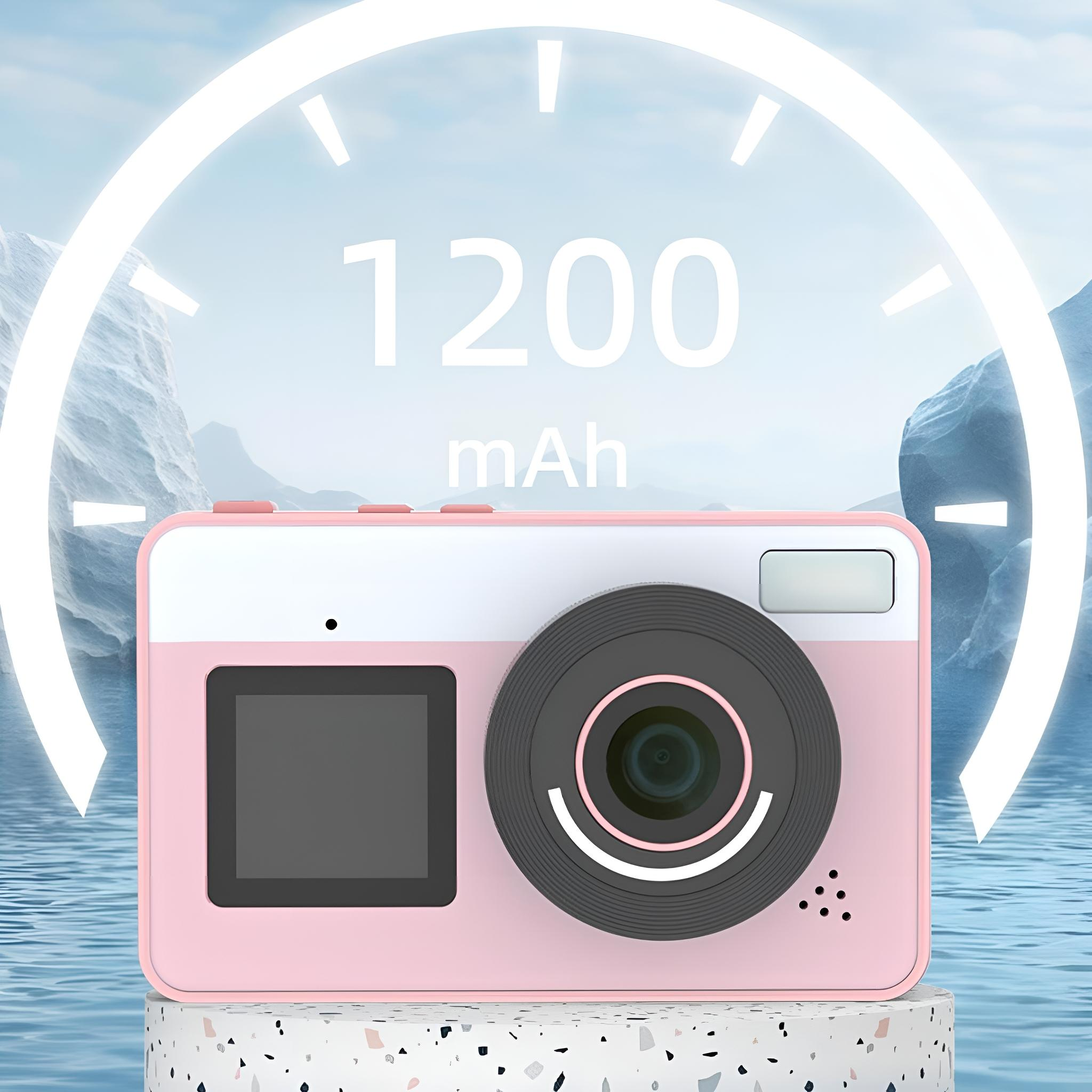 Rosa Kamera auf einem Ständer, mit einer kreisförmigen Anzeige von 1200 mAh.