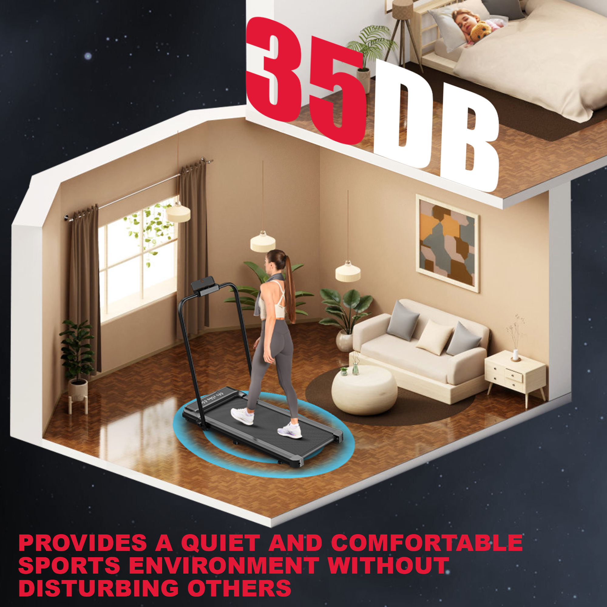 Kobieta biegnąca na bieżni w domu, z osobą śpiącą w tle.