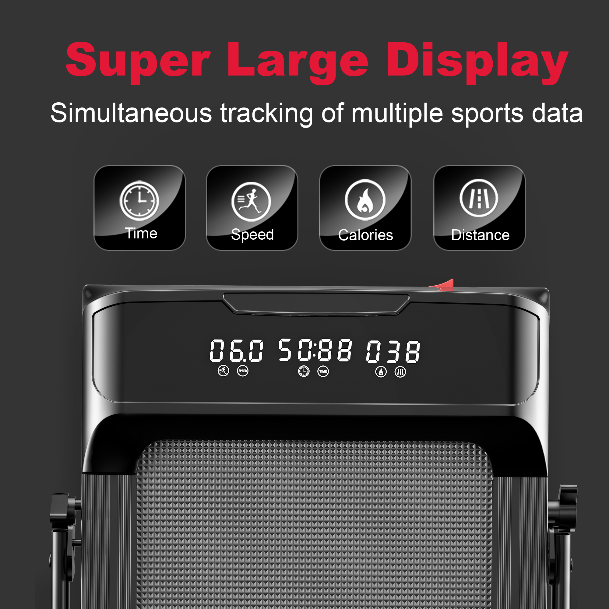 Wyświetlacz bieżni pokazujący czas, prędkość, kalorie i dystans. Widoczny czerwony przycisk.