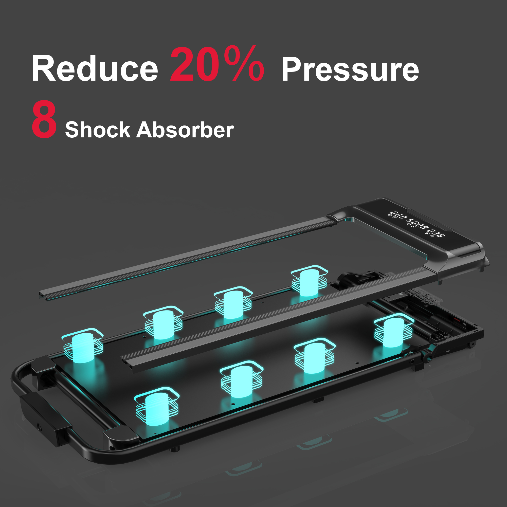 Widok rozstrzelony podstawy bieżni, pokazujący amortyzatory i panel sterowania.