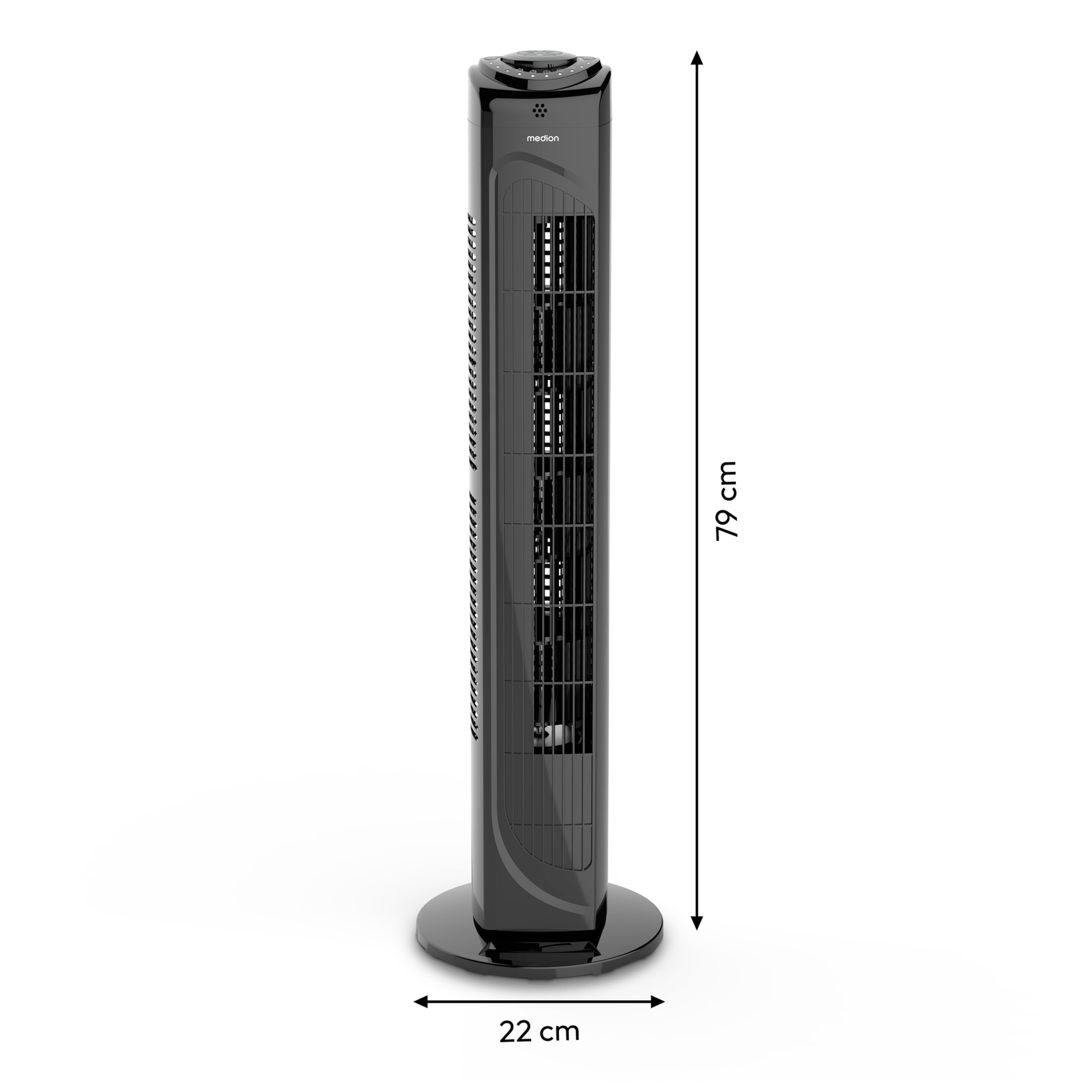 Schwarzer Turmventilator, hoch und schlank, mit Abmessungen von 79 cm Höhe und 22 cm Basis.