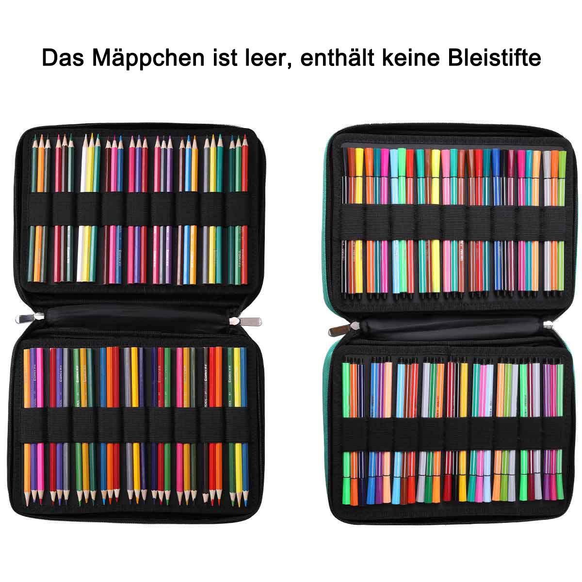 Zwei offene Federmäppchen mit farbigen Stiften. Beide sind geöffnet und mit Farbstiften gefüllt.