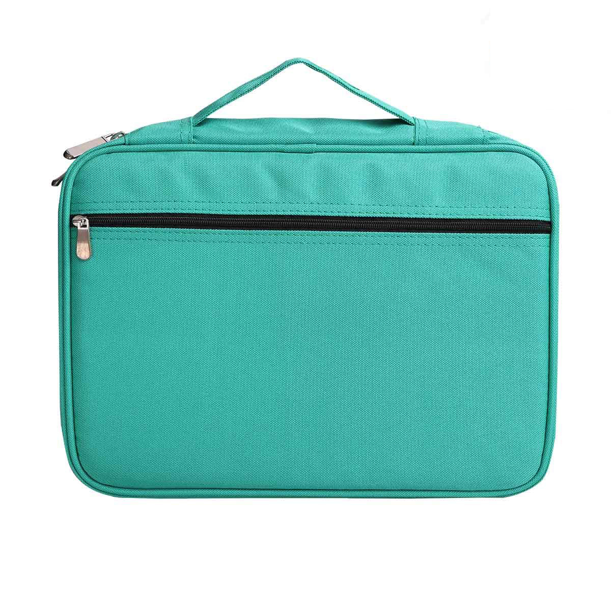 Eine türkis-farbene Tasche mit Reißverschluss. Die Tasche ist rechteckig und hat einen Griff.