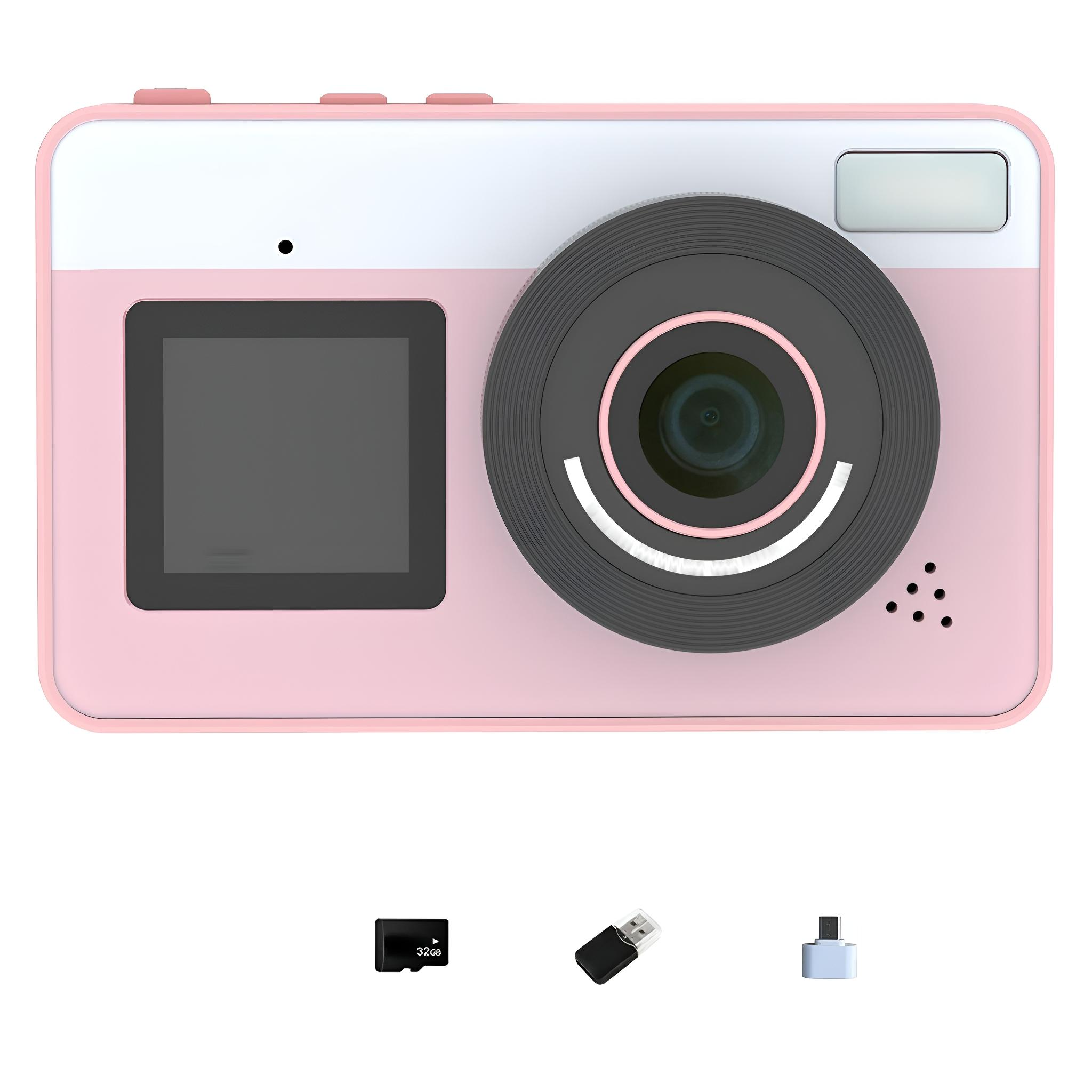 Eine rosa-weiße Kamera mit Zubehör. Eine Digitalkamera und Zubehör auf weißem Hintergrund.