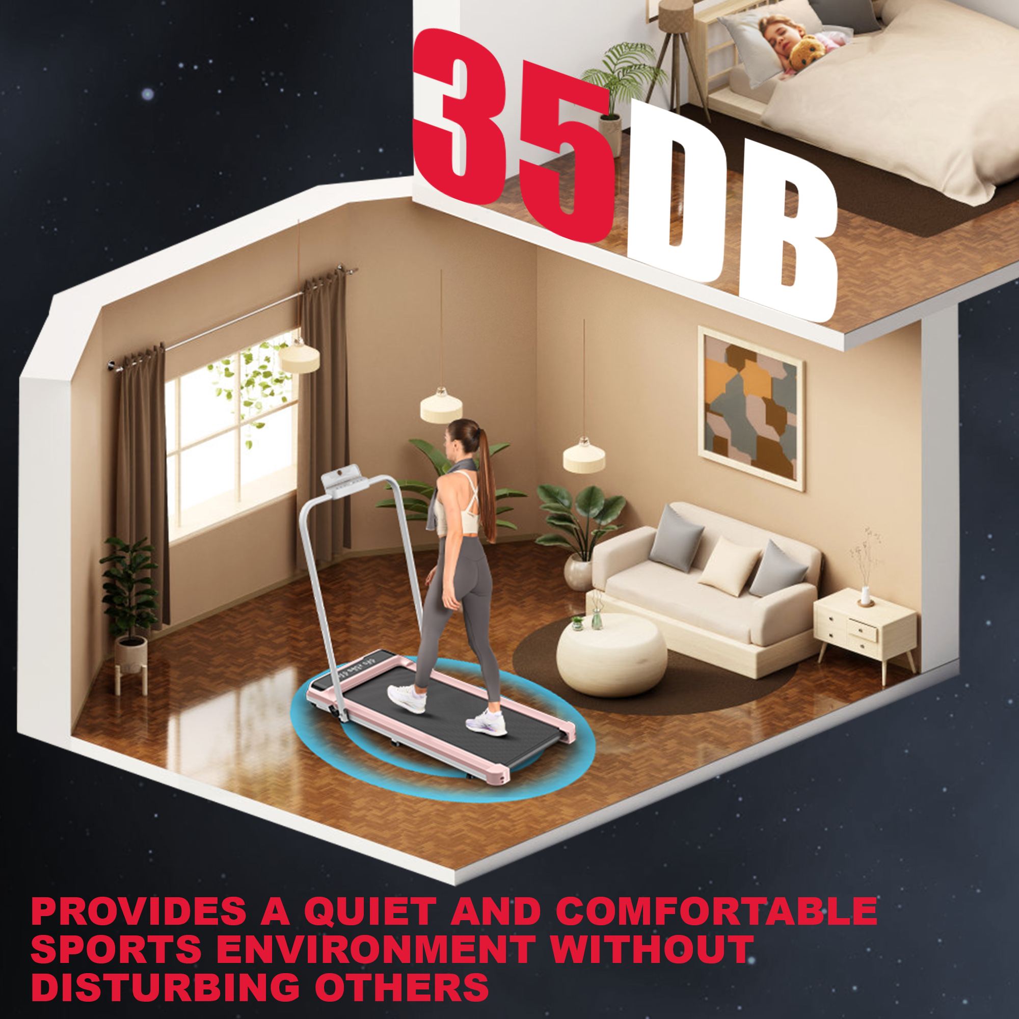 Kobieta biega na bieżni w pokoju. Osoba śpi w pobliskim łóżku. Tekst: 'Zapewnia ciche środowisko'.