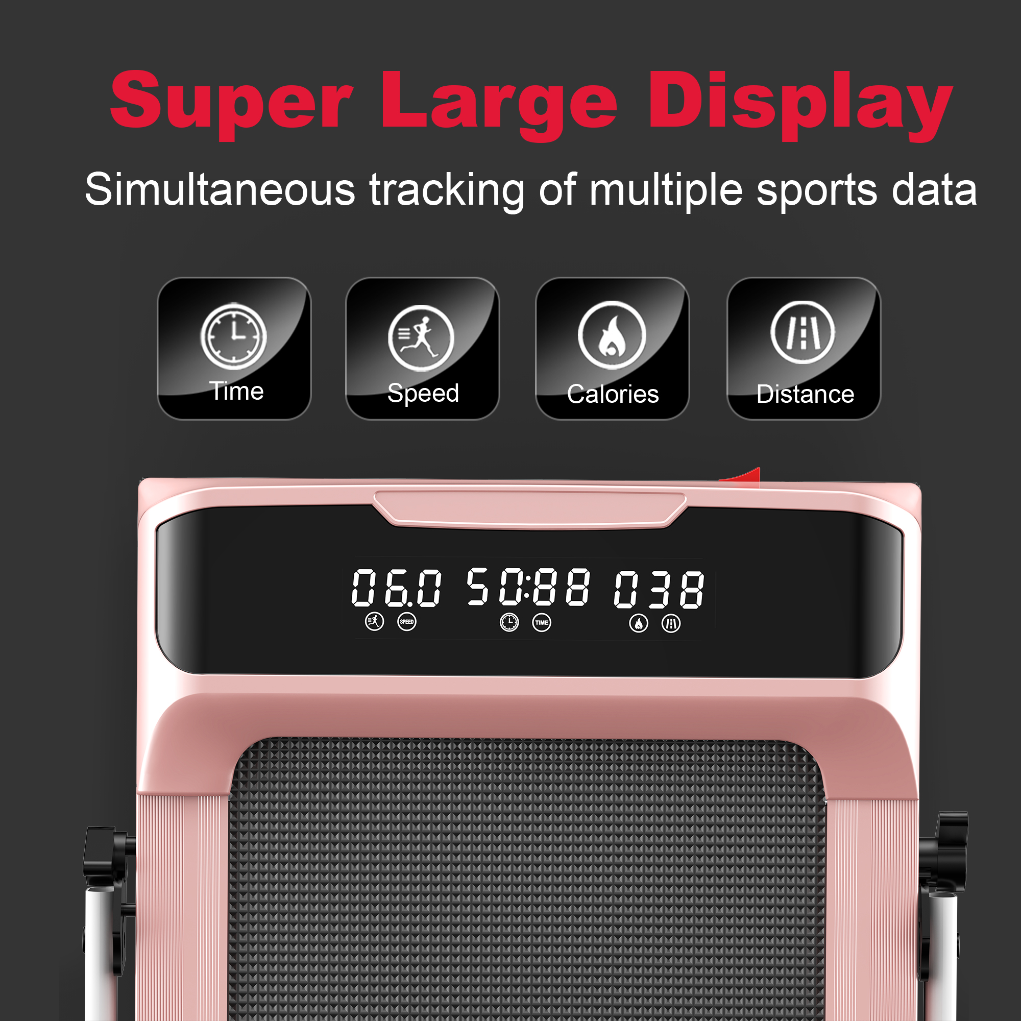 Zbliżenie na wyświetlacz bieżni pokazujący czas, prędkość, kalorie i dystans. Wyświetlacz jest różowy.