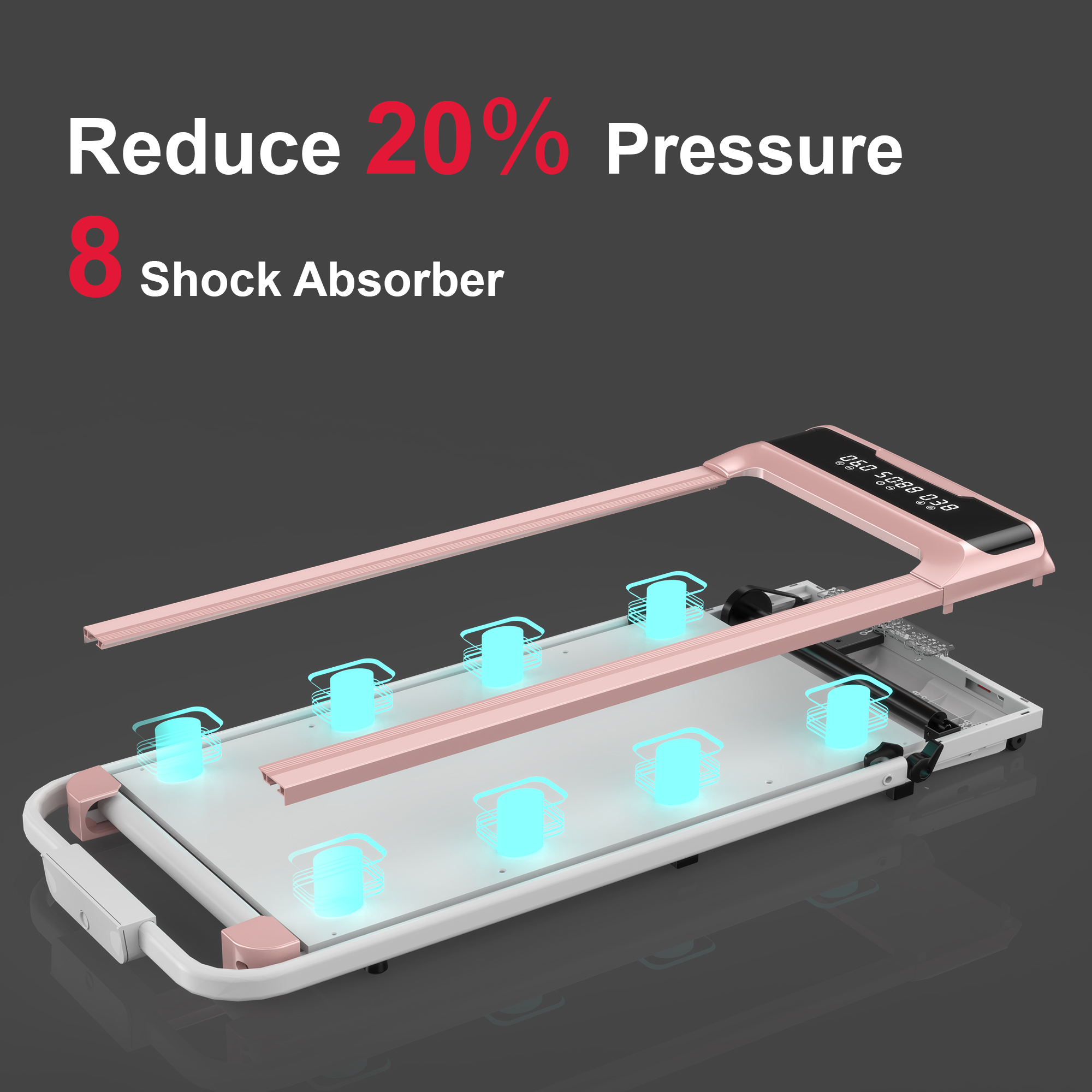 Widok rozłożony różowo-białej bieżni, pokazujący amortyzatory. Tekst: 'Zmniejsz ciśnienie o 20%.