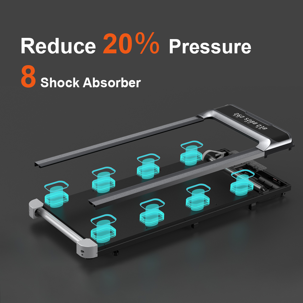 Widok rozłożony bieżni. Pokazuje amortyzatory i panel wyświetlacza.