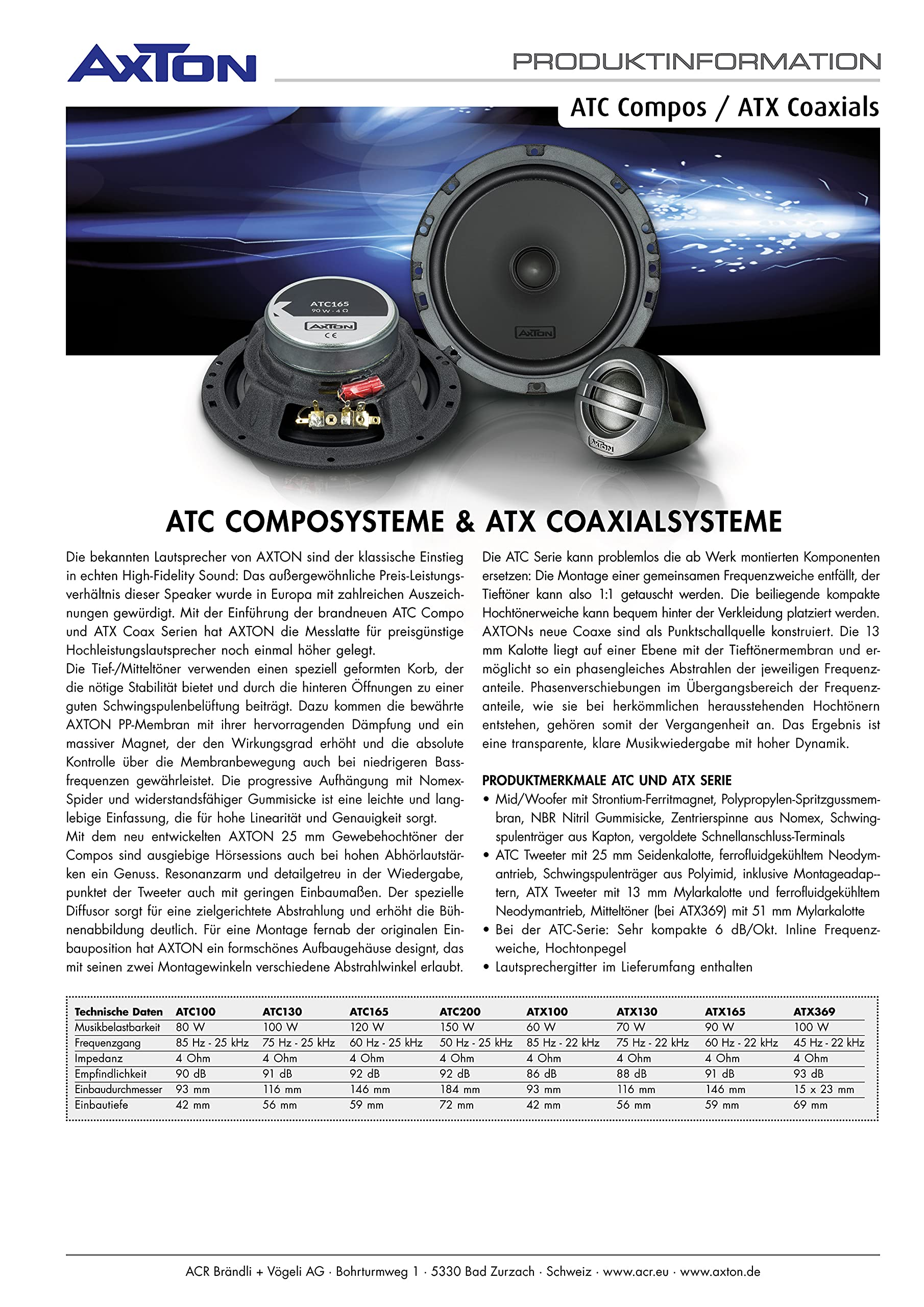 Ein Produktblatt mit technischen Daten zu Autolautsprechern. Enthält deutschen Text und Bilder.
