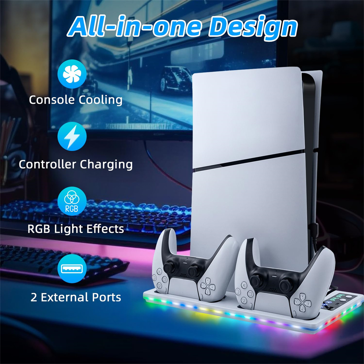 Ein weißer PS5-Ständer mit zwei Controllern, Konsolenkühlung, Controller-Aufladung und RGB-Beleuchtung.