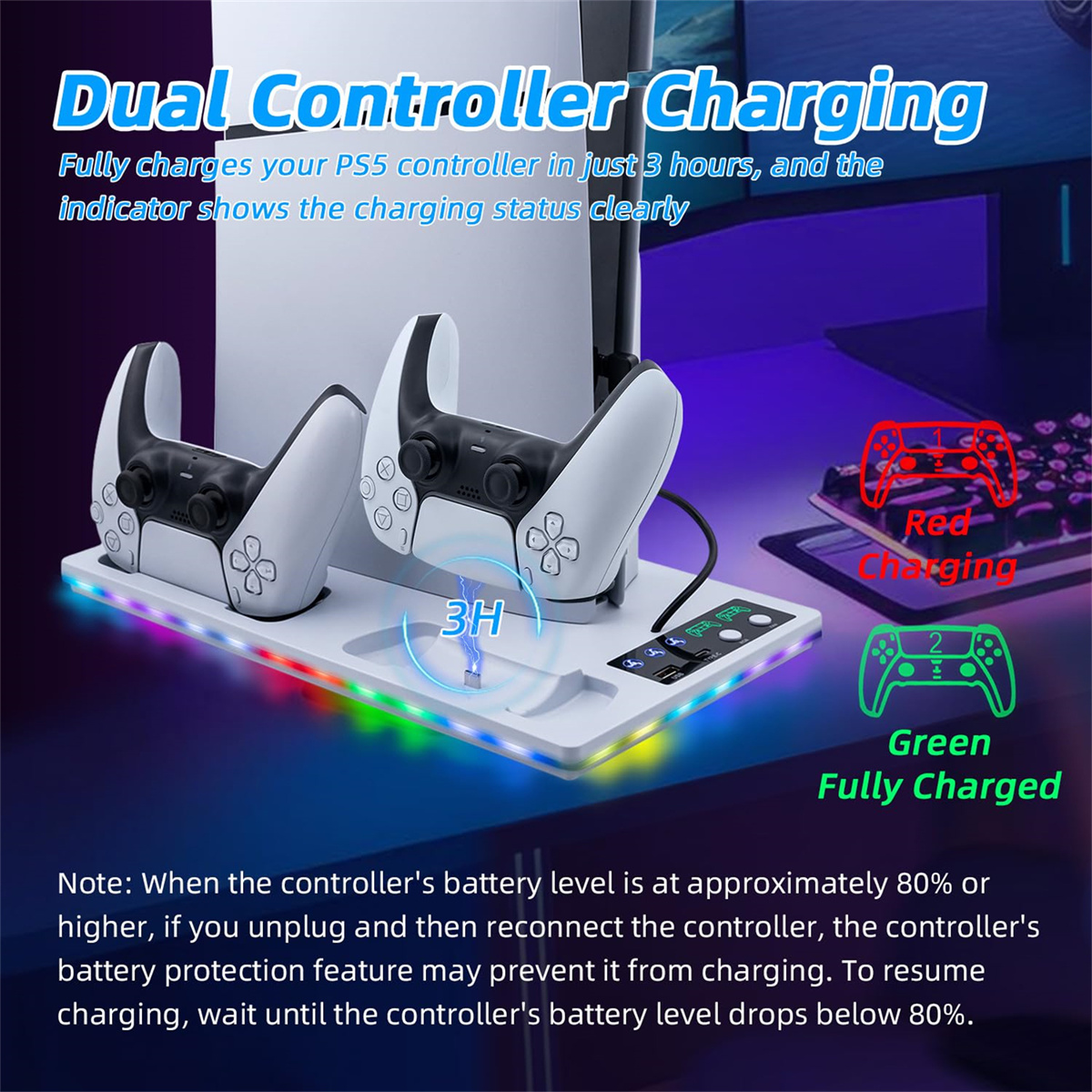 Dual-Controller-Ladestation für PS5. Controller werden geladen, angezeigt mit roten und grünen Kontrollleuchten.