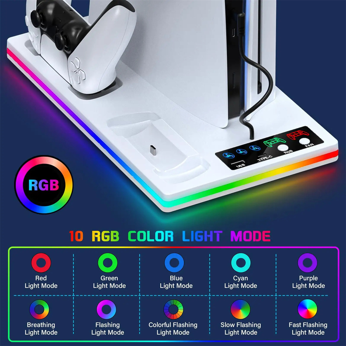 Ein PS5-Ständer mit RGB-Beleuchtung, der 10 Farbmodi und Controller-Ladeanschlüsse zeigt.