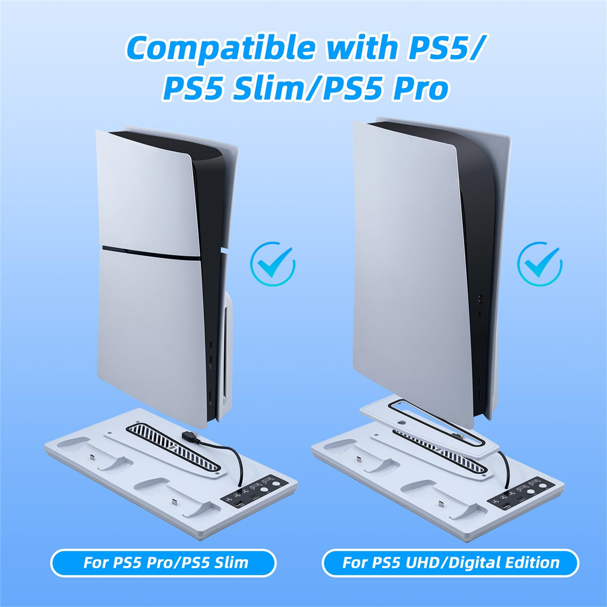 Zwei weiße PS5-Ständer mit einer Konsole, die die Kompatibilität für verschiedene PS5-Modelle zeigen.