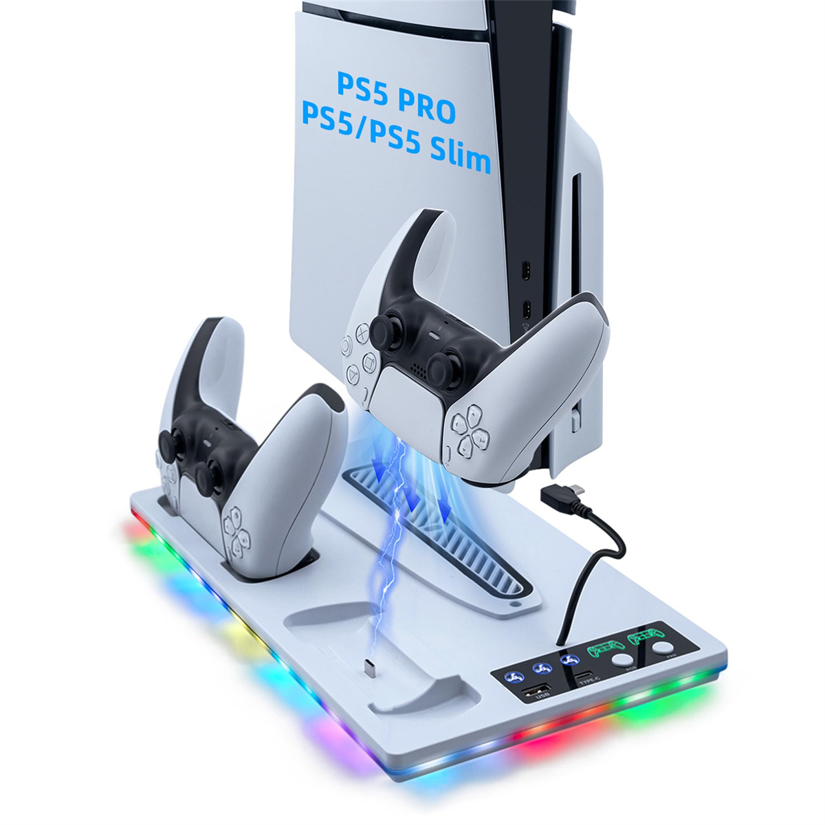 PS5-Ladestation mit zwei Controllern und der Konsole. Die Station hat farbenfrohe LED-Leuchten.