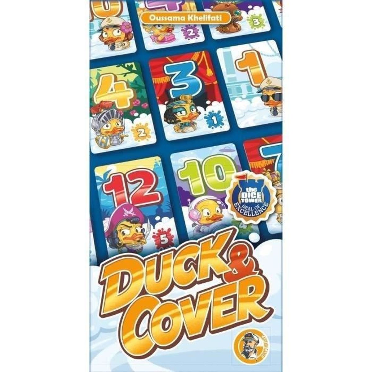 Duck & Cover Spielbox. Vertikale Ansicht der Box. Cartoon-Enten und Zahlen auf den Karten.