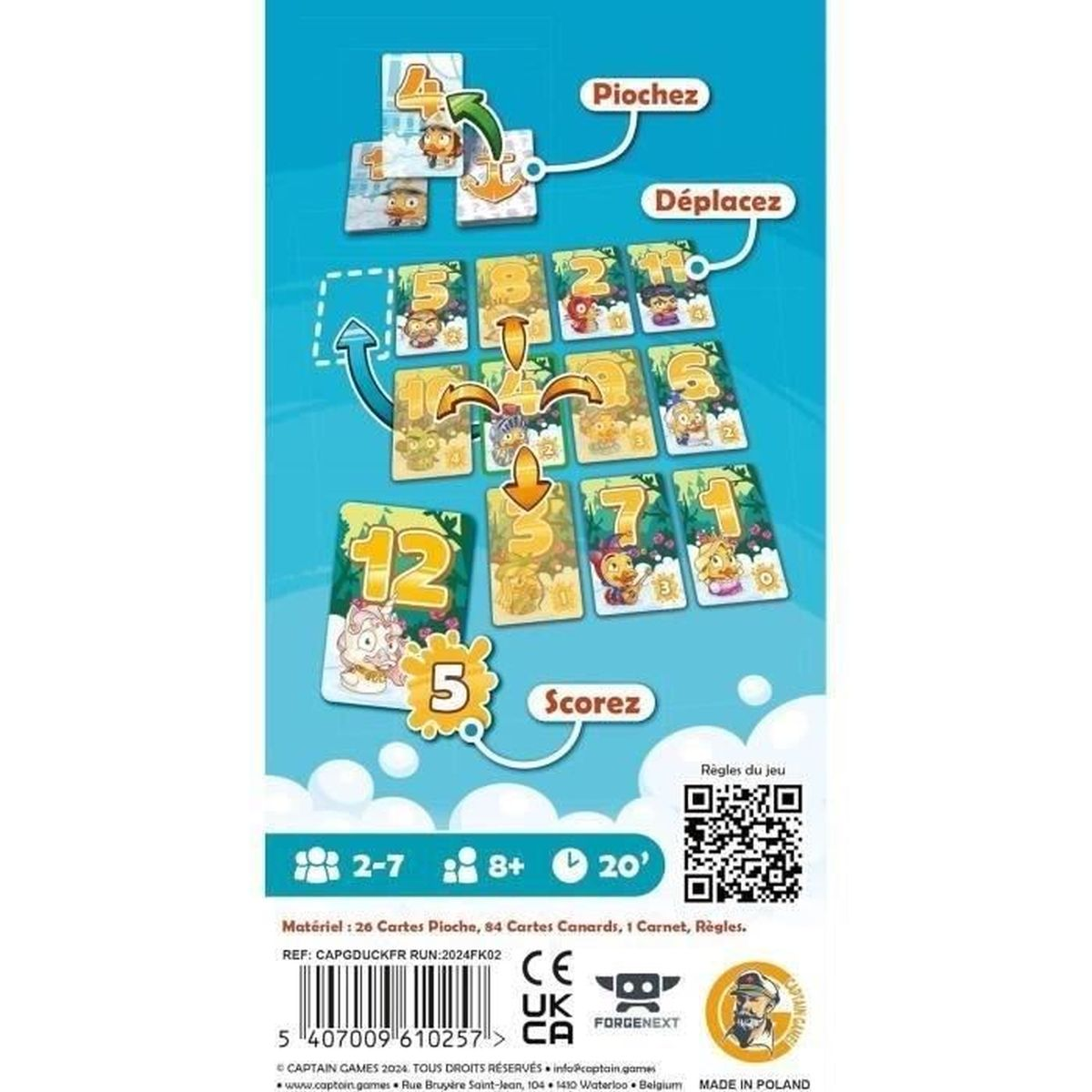 Rückseite einer Duck & Cover Kartenspielbox. Anweisungen und Spielkarten sind ebenfalls sichtbar.