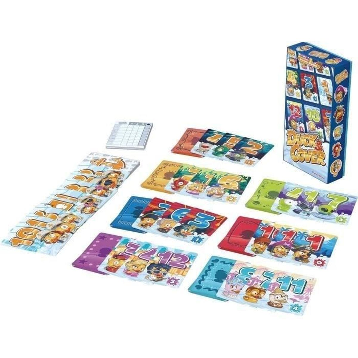 Duck & Cover Spielset. Karten mit Cartoon-Enten und Zahlen. Eine Box ist ebenfalls sichtbar.